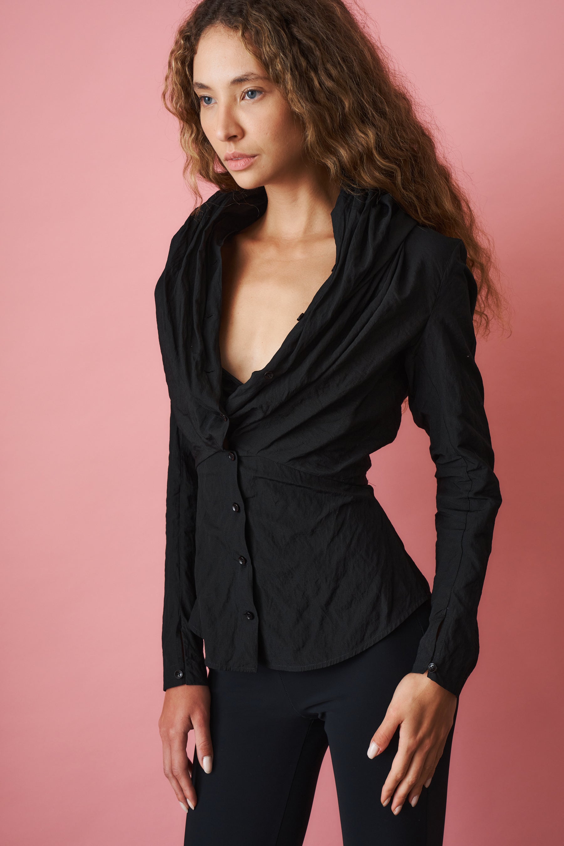 Shawl Collar Fitted Blouse Black - DÉSORDRE