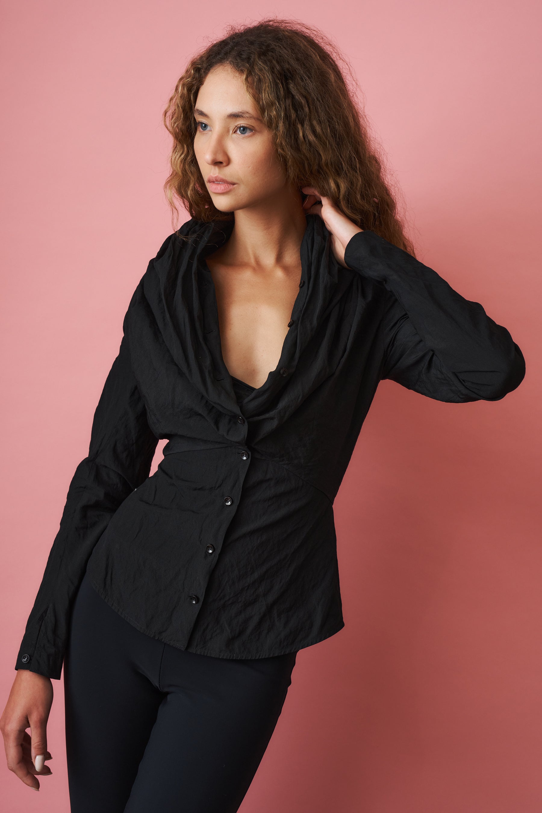 Shawl Collar Fitted Blouse Black - DÉSORDRE