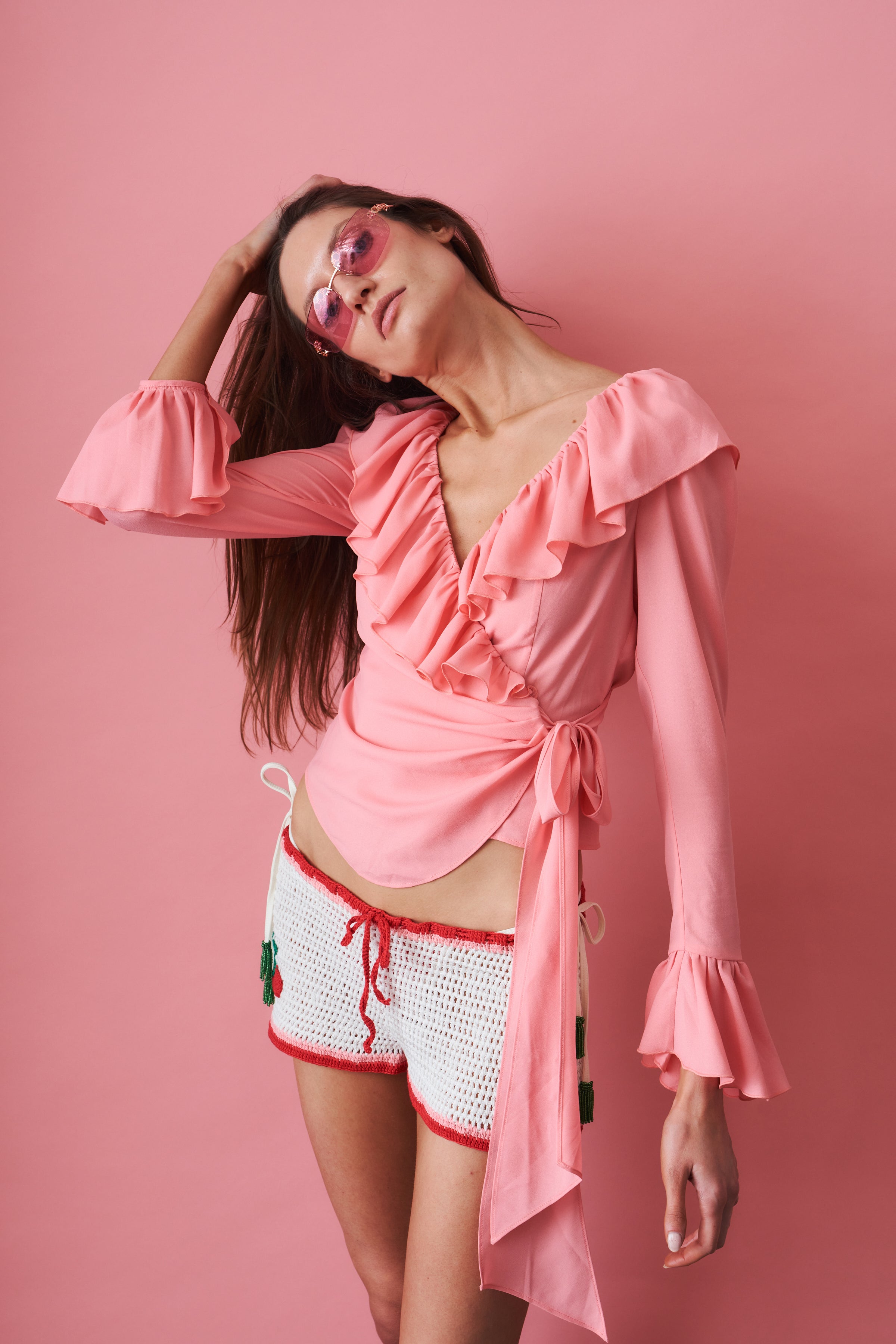 Charlotte Ruffle Pink Wrap Top - DÉSORDRE