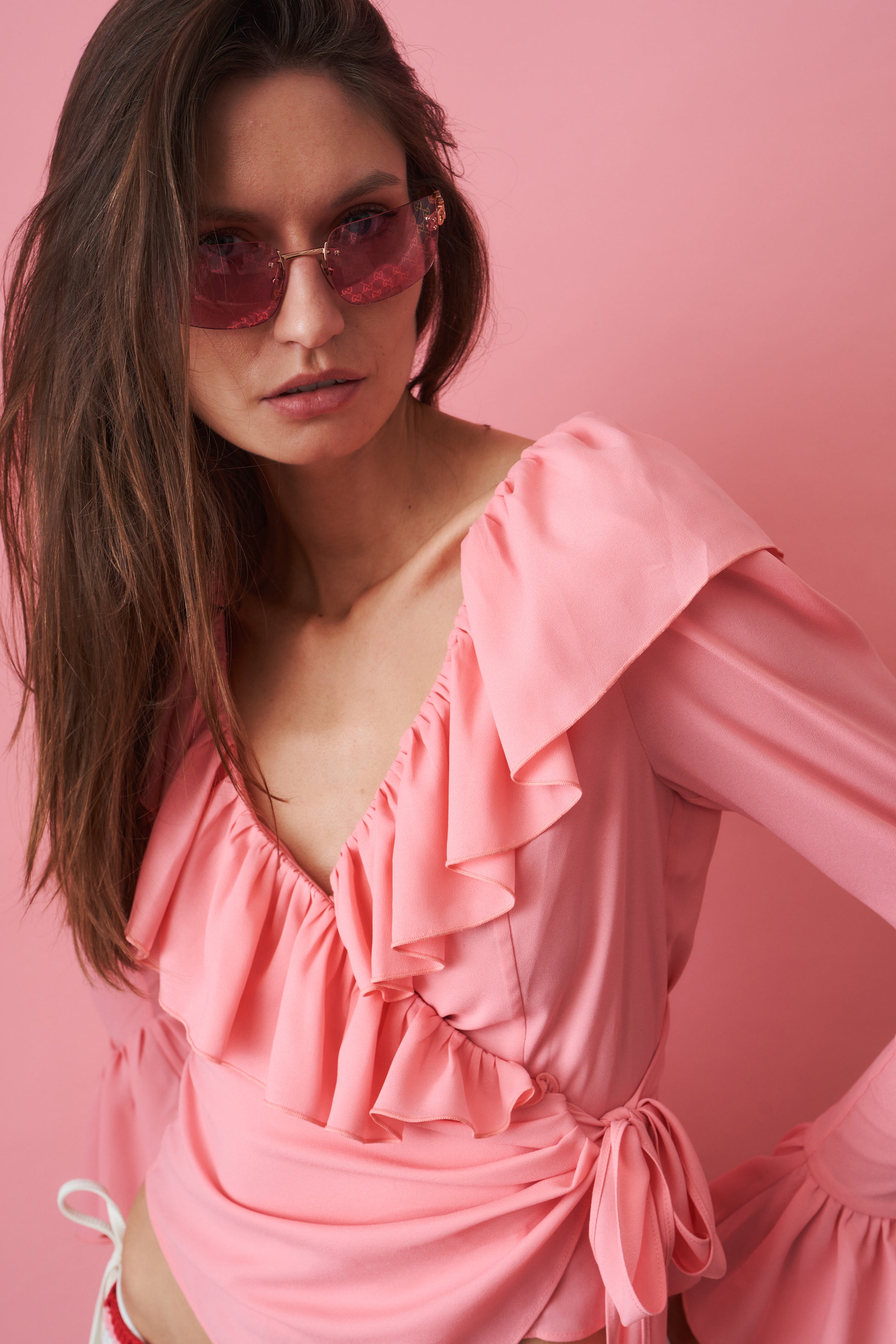 Charlotte Ruffle Pink Wrap Top - DÉSORDRE