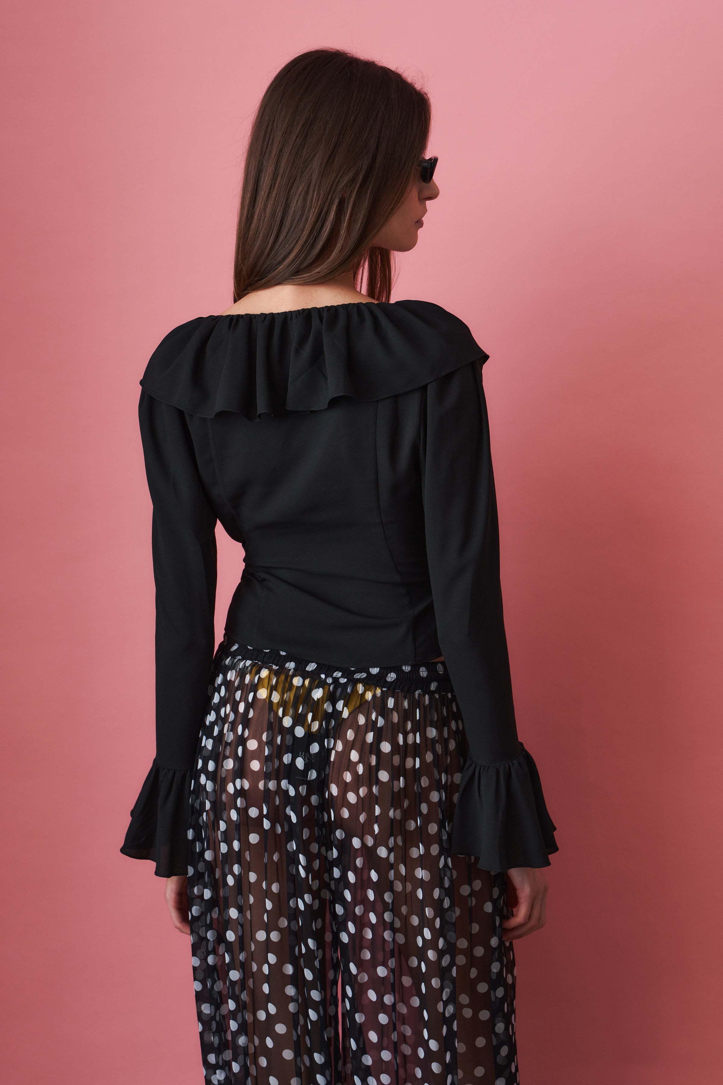 Charlotte Ruffle Black Wrap Top - DÉSORDRE