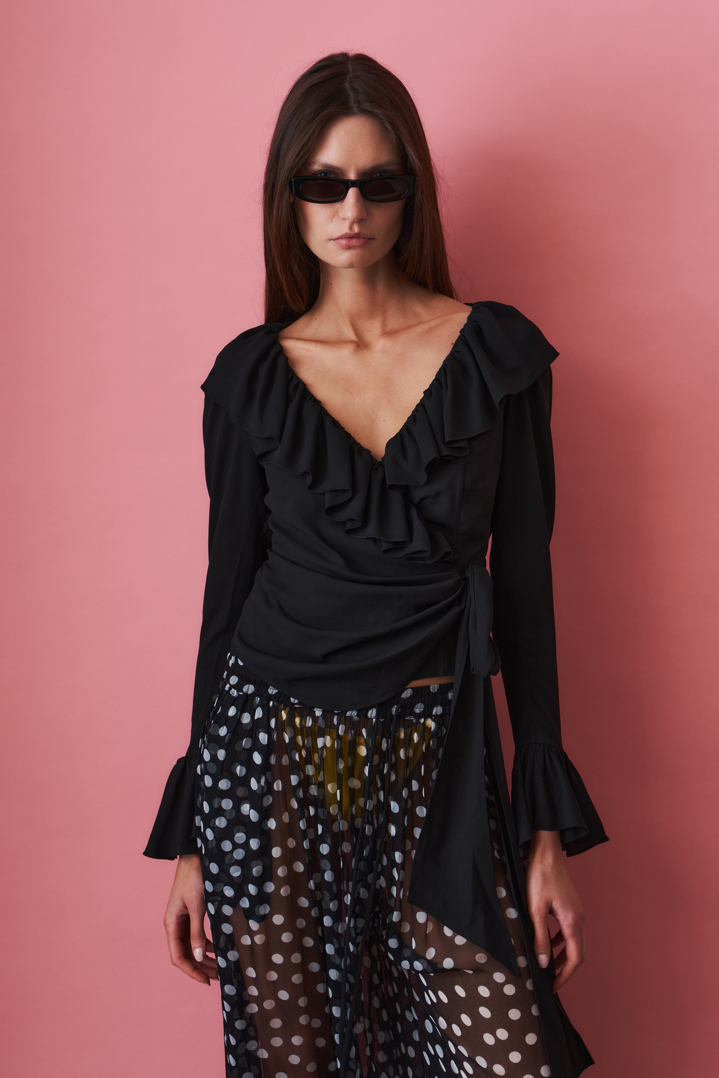 Charlotte Ruffle Black Wrap Top - DÉSORDRE