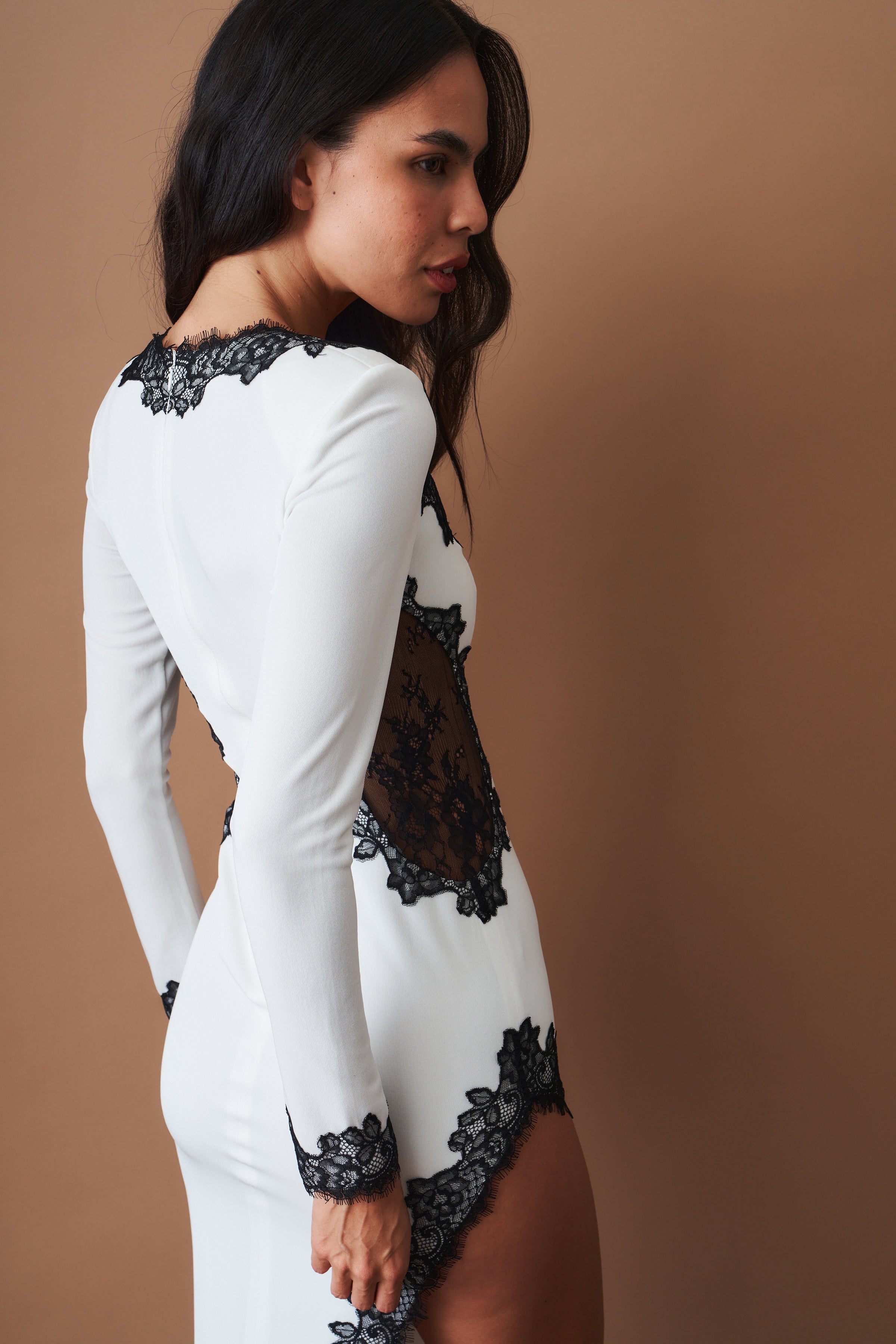 Adriana Lace Trim High Slit Ivory Dress - DÉSORDRE