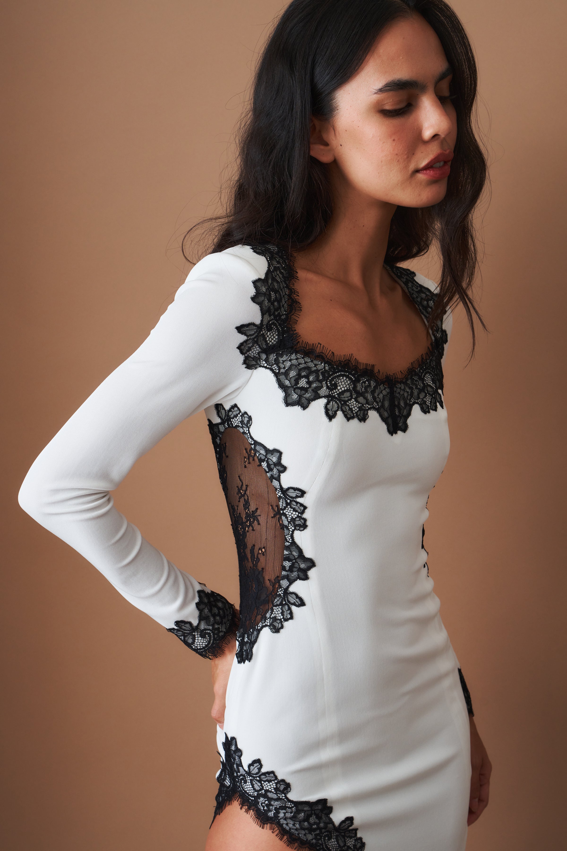 Adriana Lace Trim High Slit Ivory Dress - DÉSORDRE