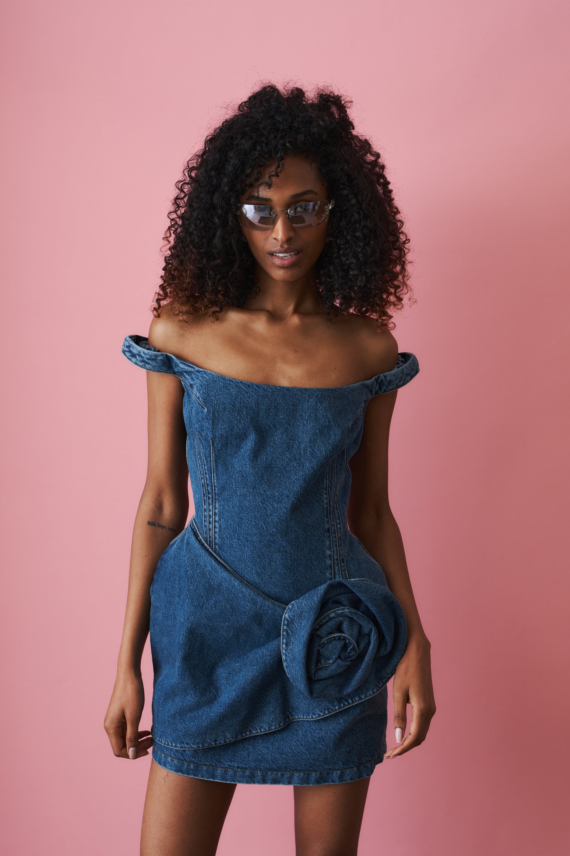 Off Shoulder Denim Mini Dress with Sculpted Flower in Blue
