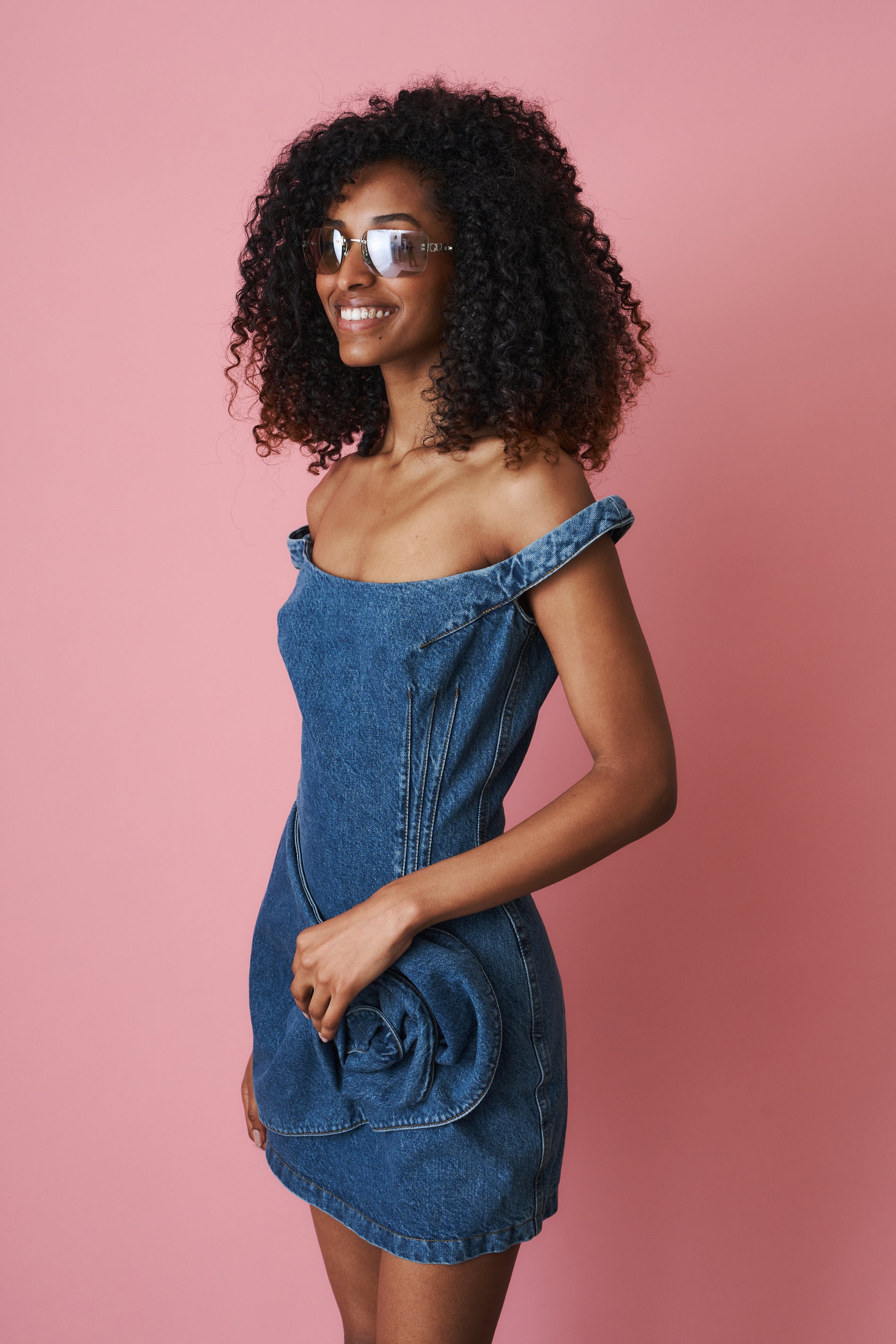 Off Shoulder Denim Mini Dress with Sculpted Flower in Blue