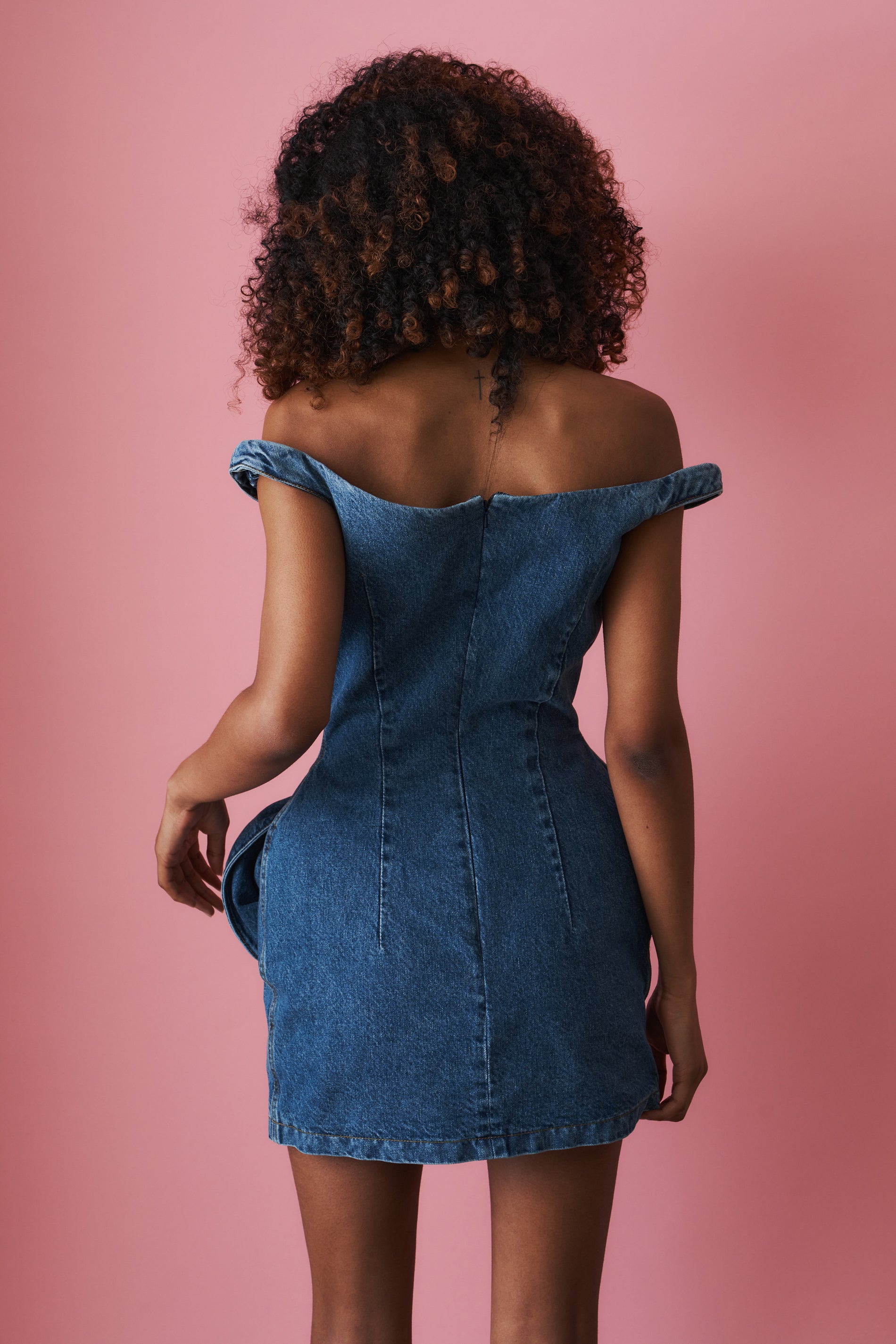 Off Shoulder Denim Mini Dress with Sculpted Flower in Blue