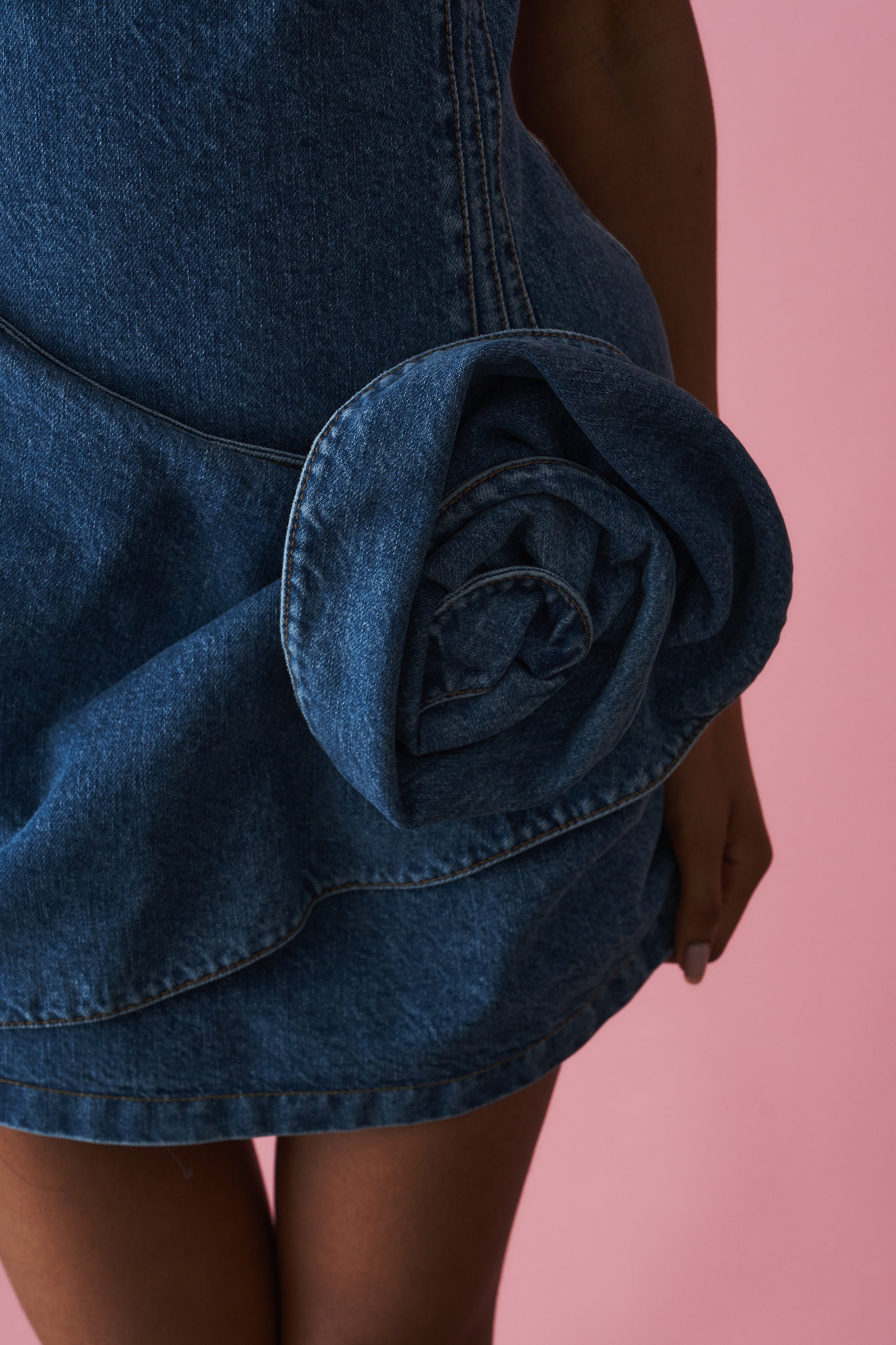 Off Shoulder Denim Mini Dress with Sculpted Flower in Blue