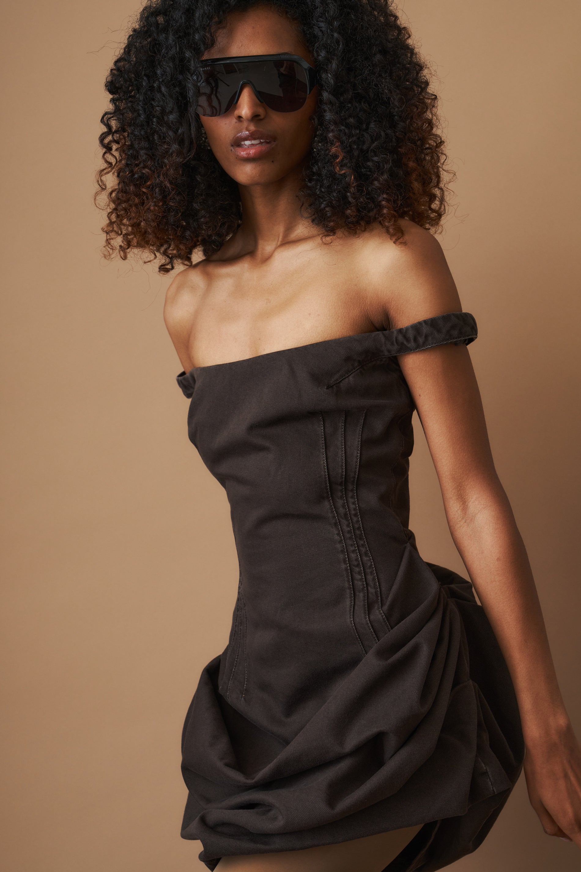 Off Shoulder Chocolate Denim Dress