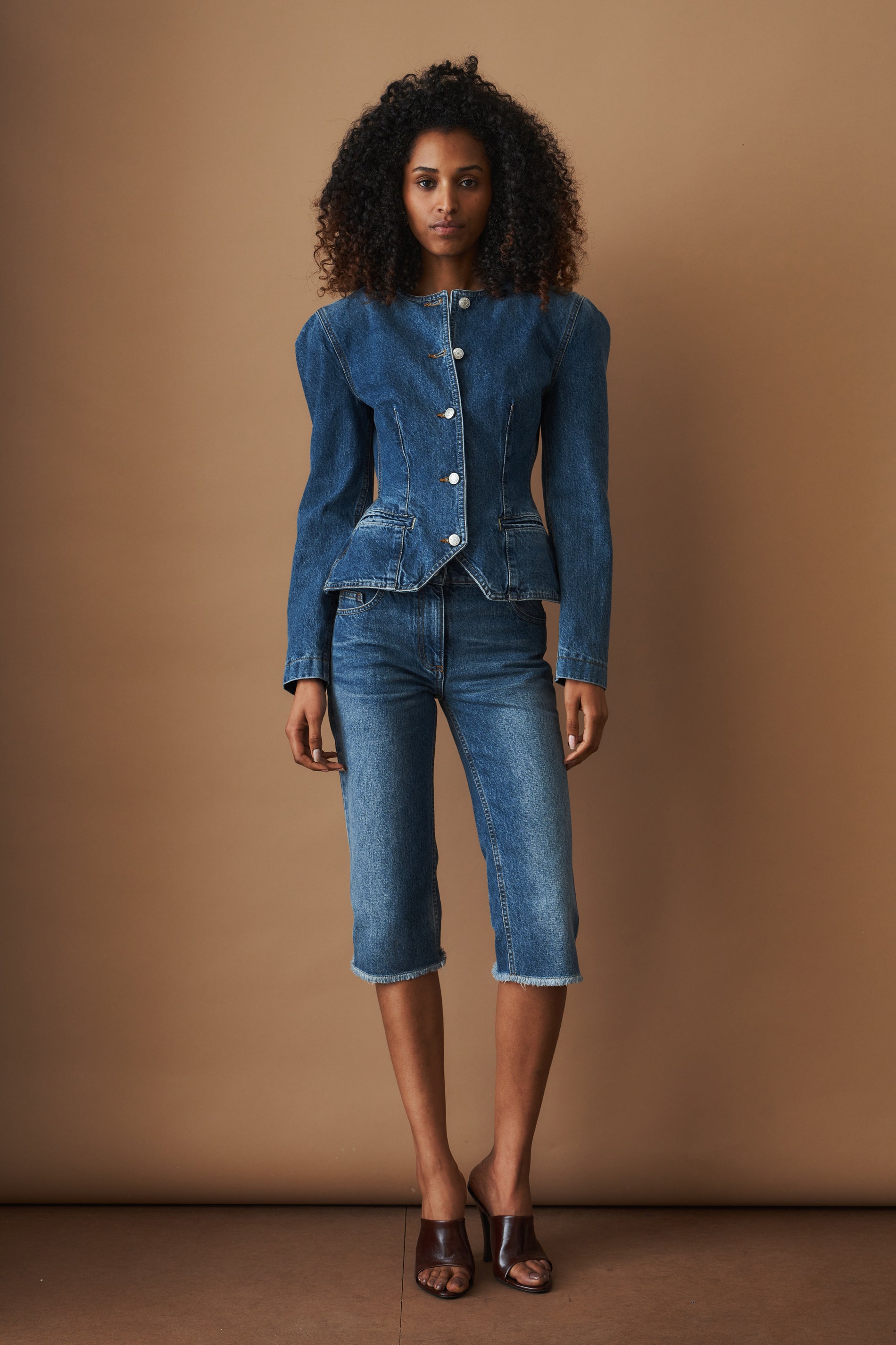 Fitted Denim Peplum Jacket in Blue