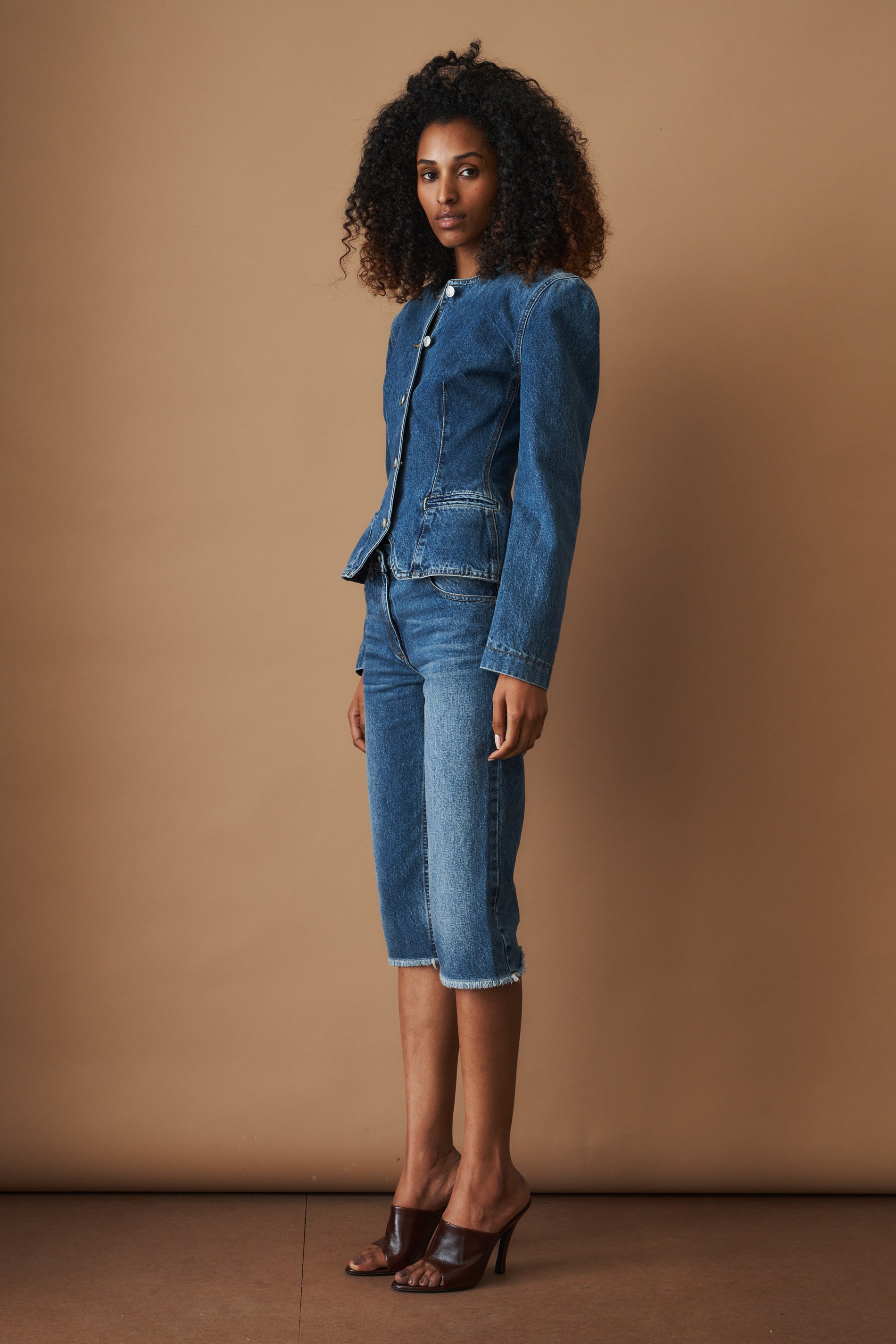 Fitted Denim Peplum Jacket in Blue