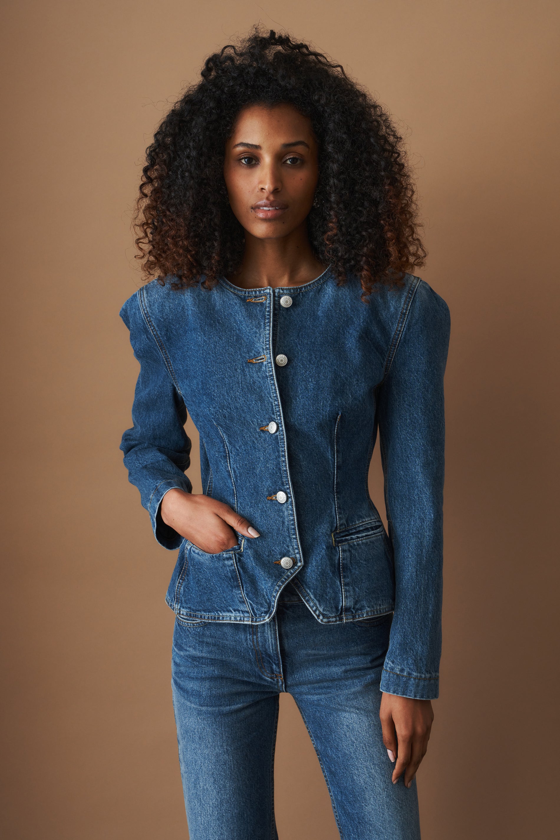 Fitted Denim Peplum Jacket in Blue