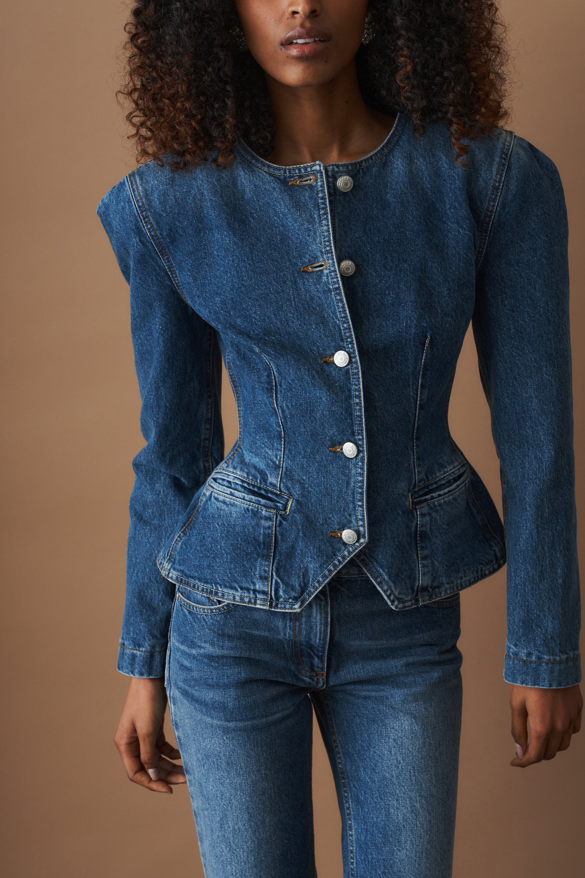 Fitted Denim Peplum Jacket in Blue
