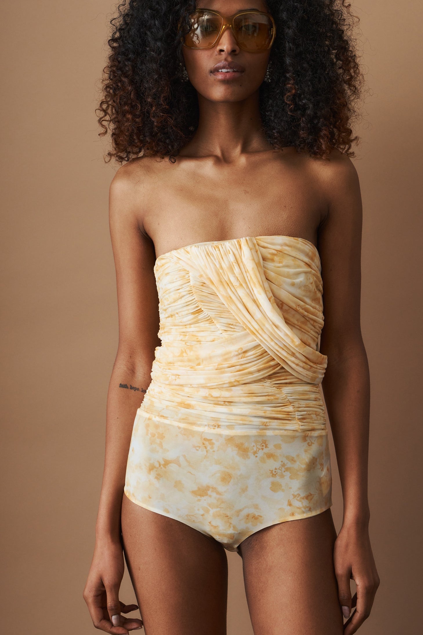 Gathered Bodysuit with Draped Overlay in Floral