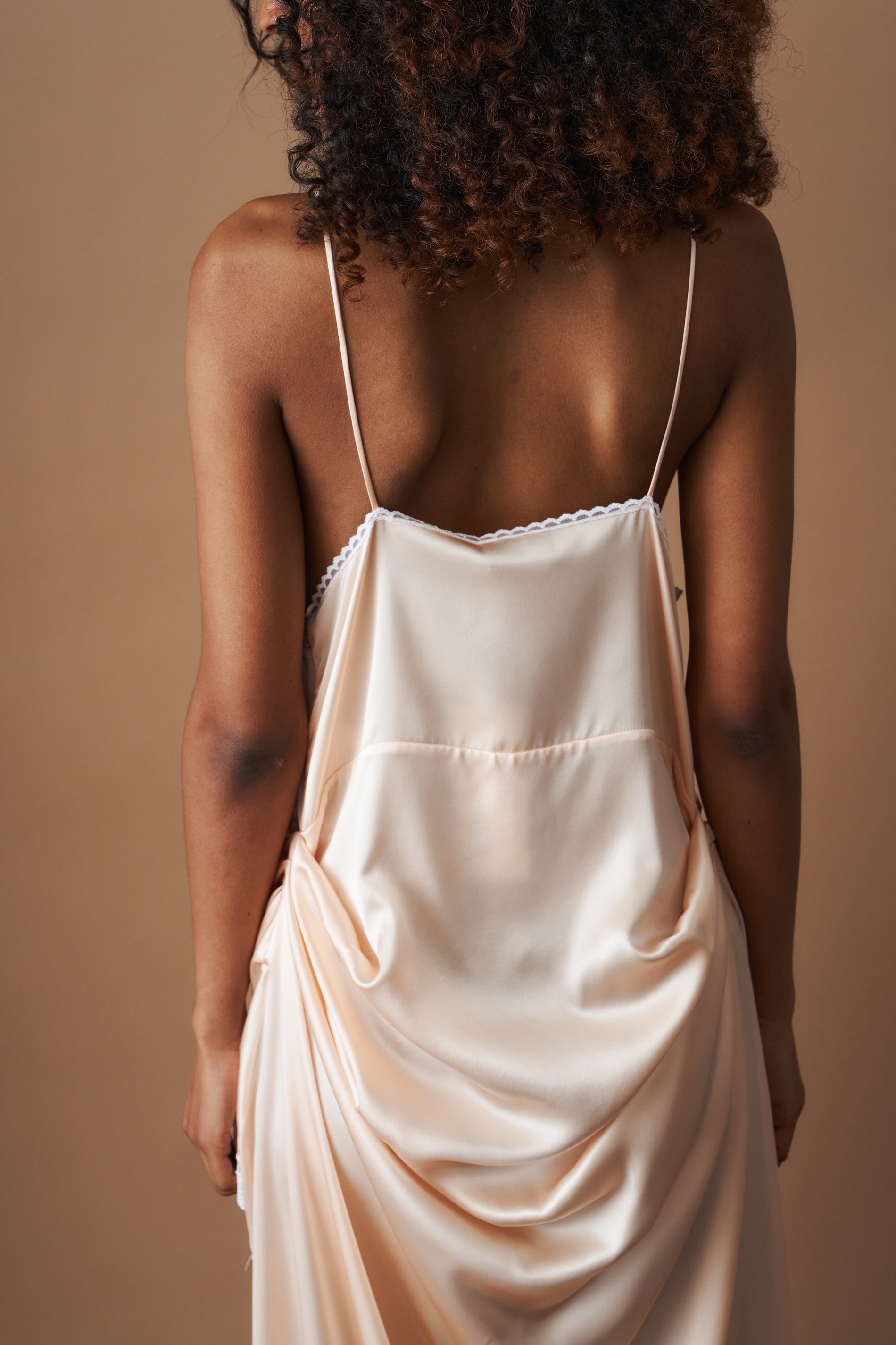 Asymmetric Lace Trim Slip Dress in Peach
