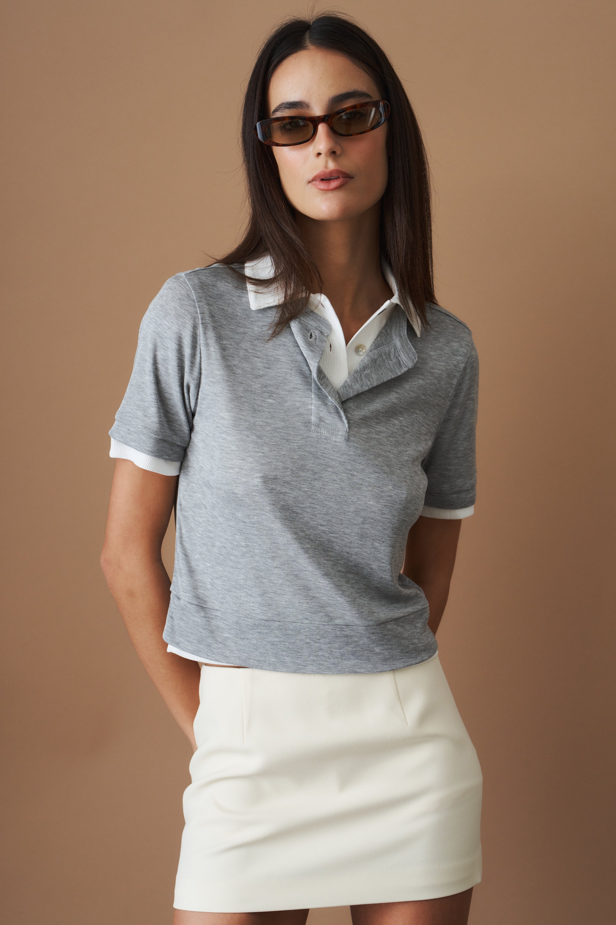 Double Polo Tee Gray White