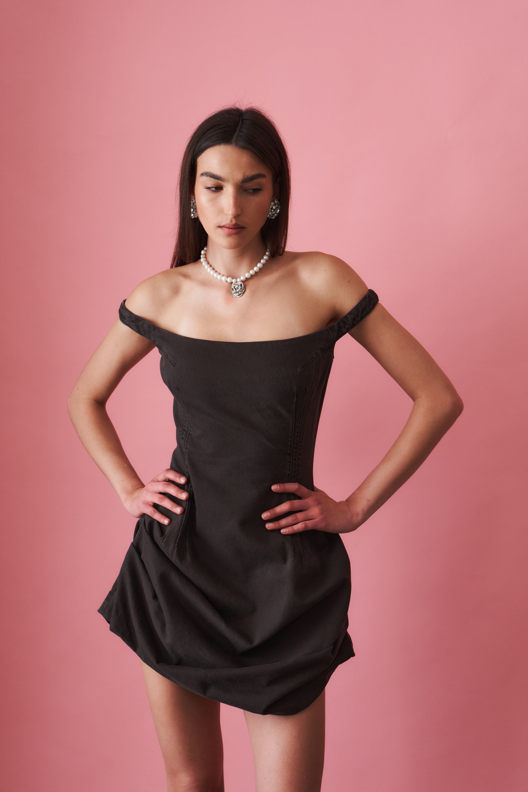 Off Shoulder Chocolate Denim Dress