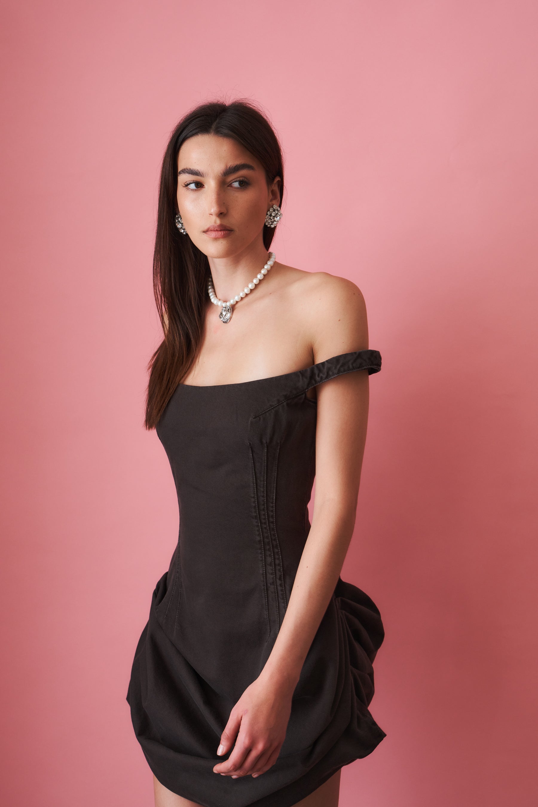 Off Shoulder Chocolate Denim Dress