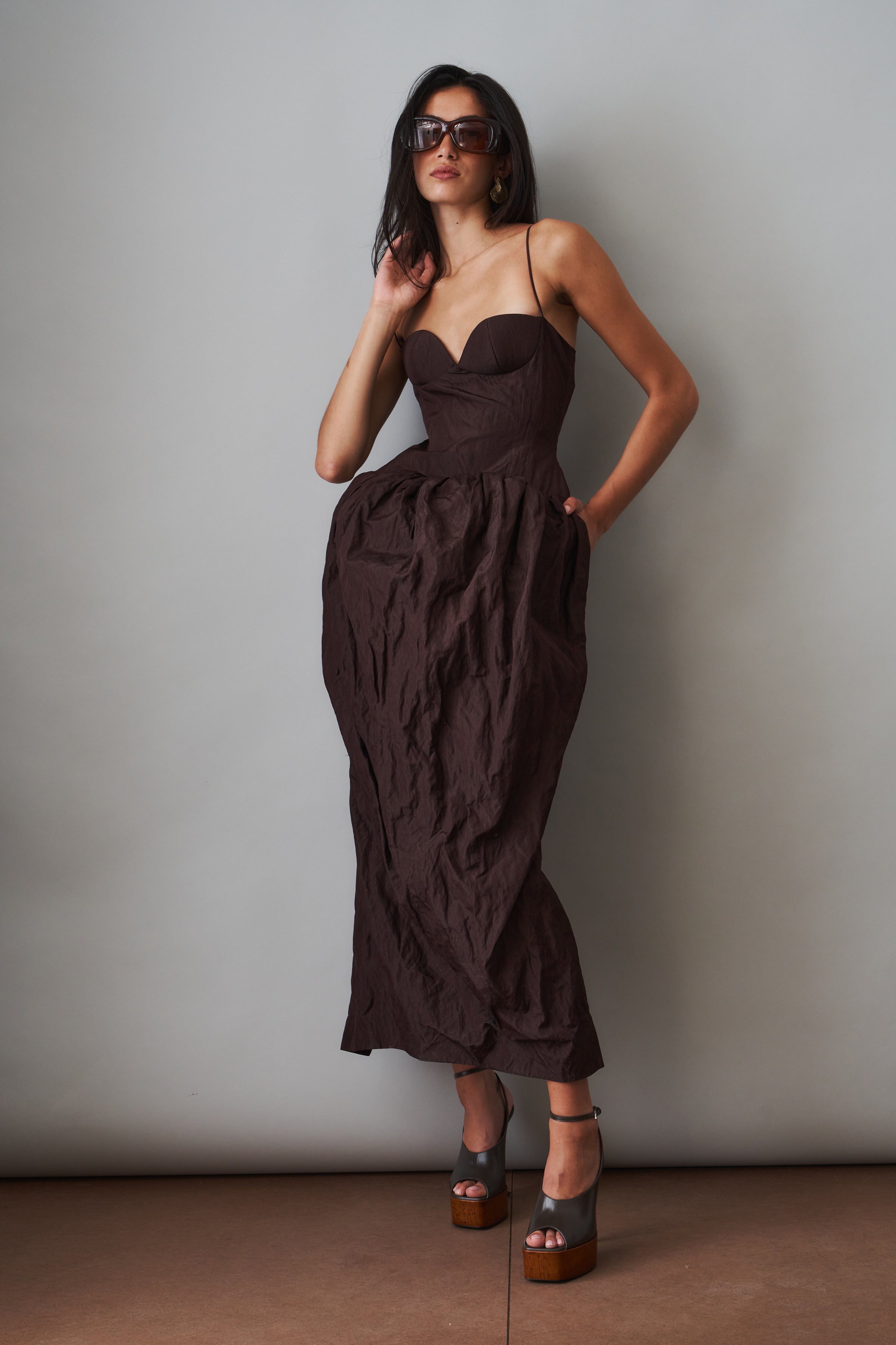 Bustier Dress with Voluminous Skirt in Brown