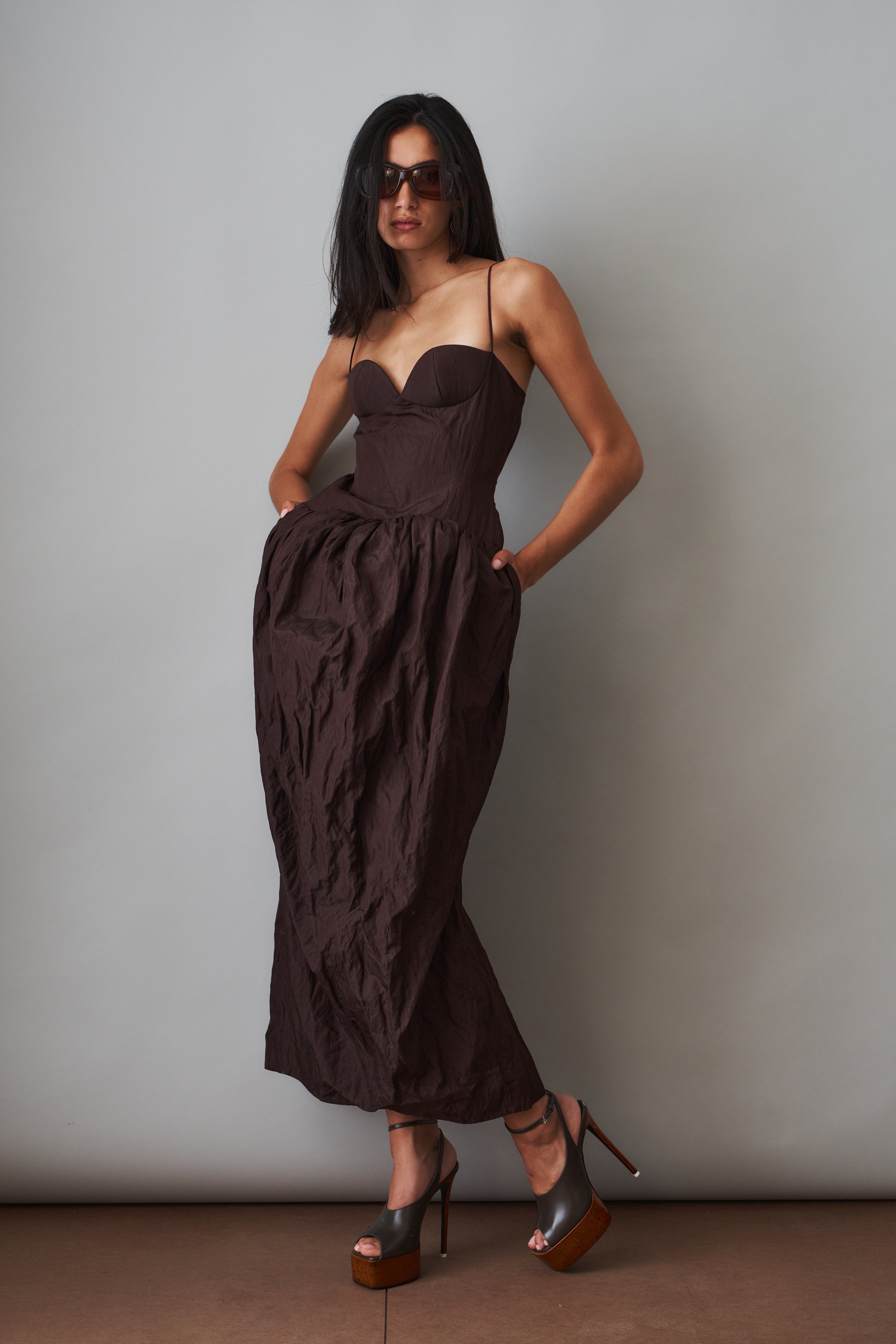 Bustier Dress with Voluminous Skirt in Brown