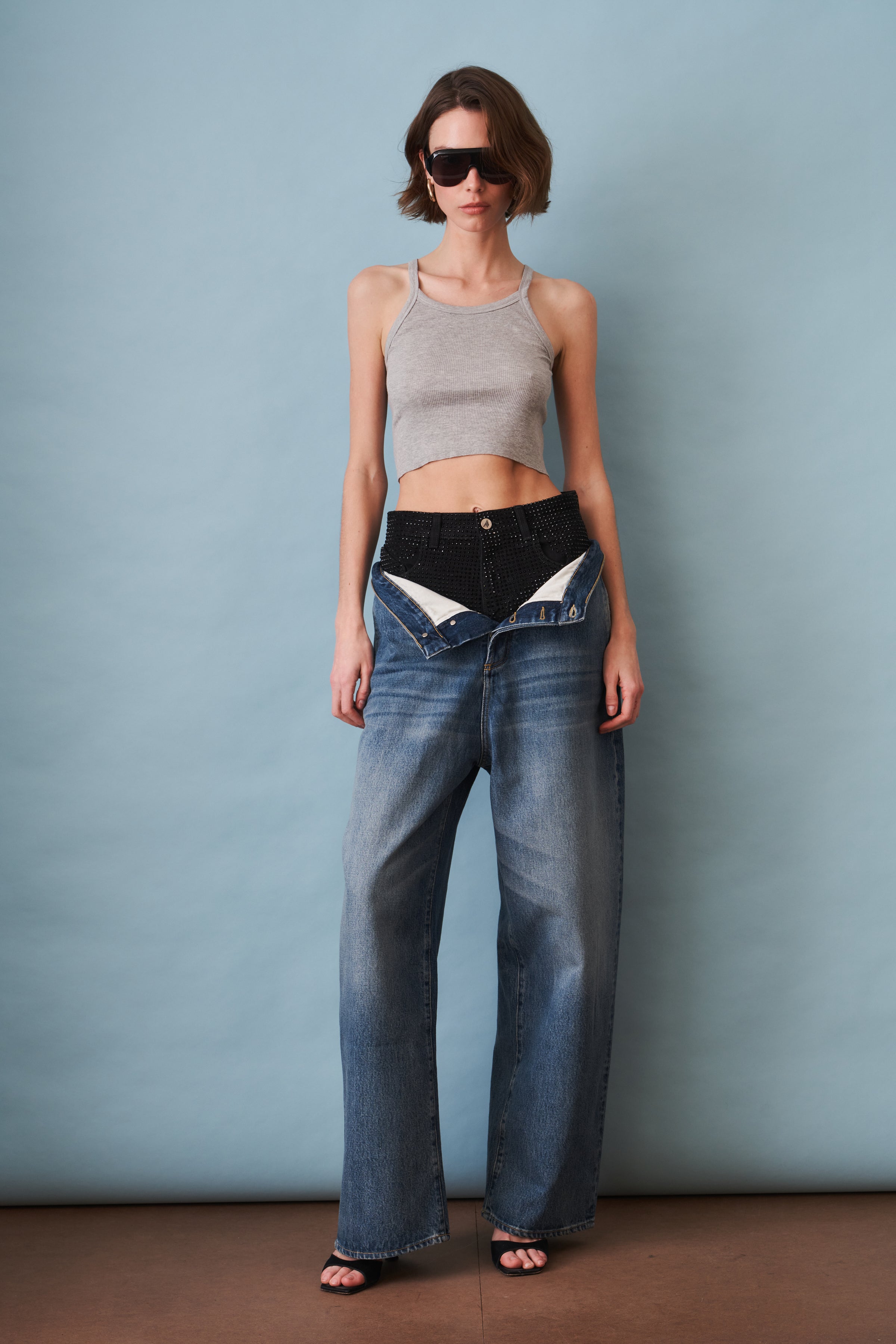 Wide-Leg Jean with Rhinestone Short