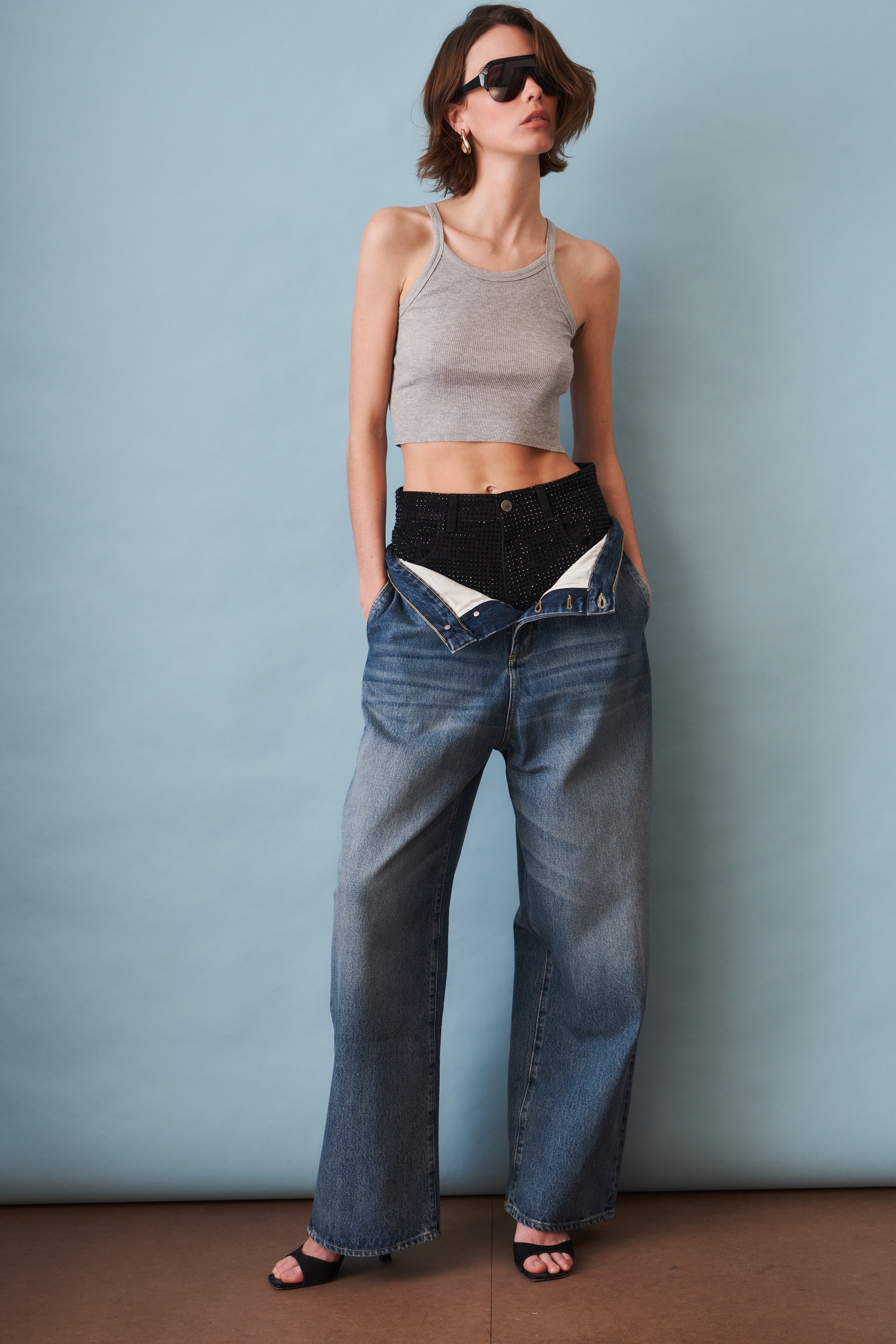 Wide-Leg Jean with Rhinestone Short
