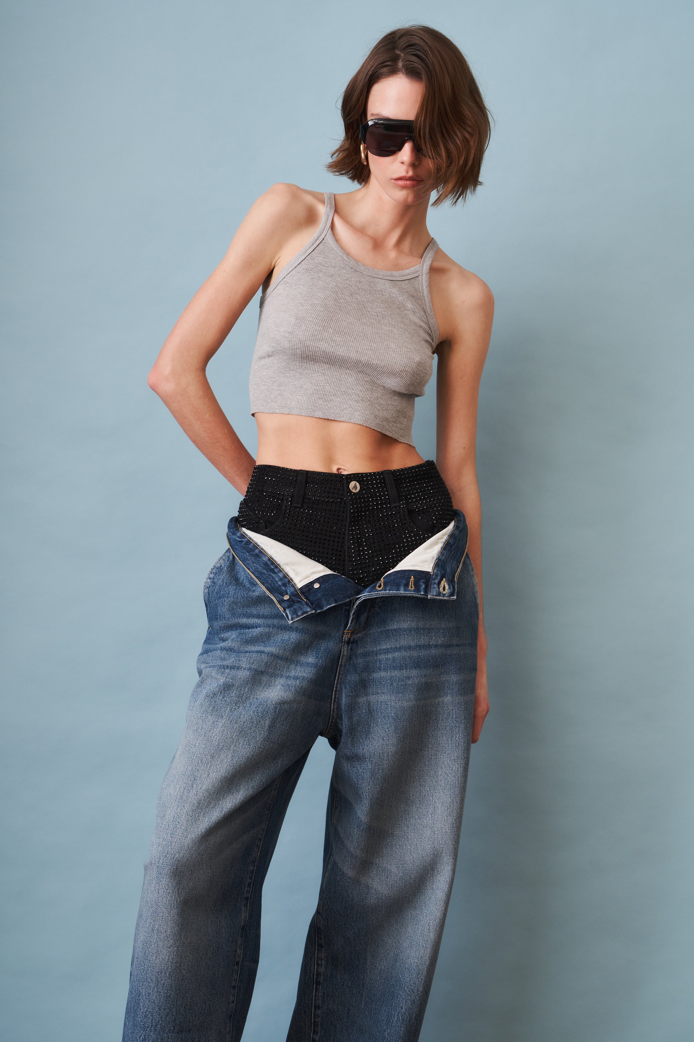 Wide-Leg Jean with Rhinestone Short