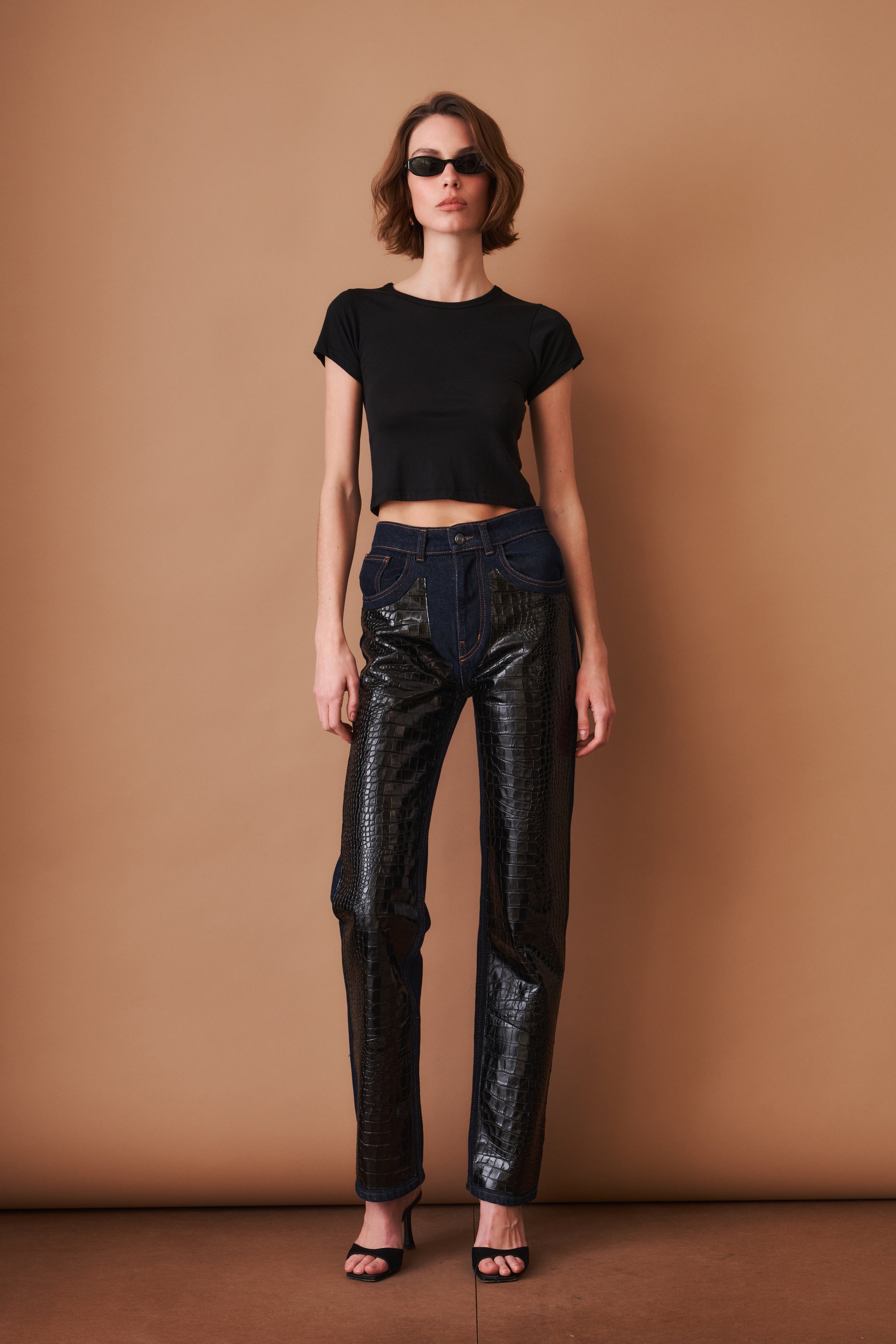 Leather-Trim Denim Pants