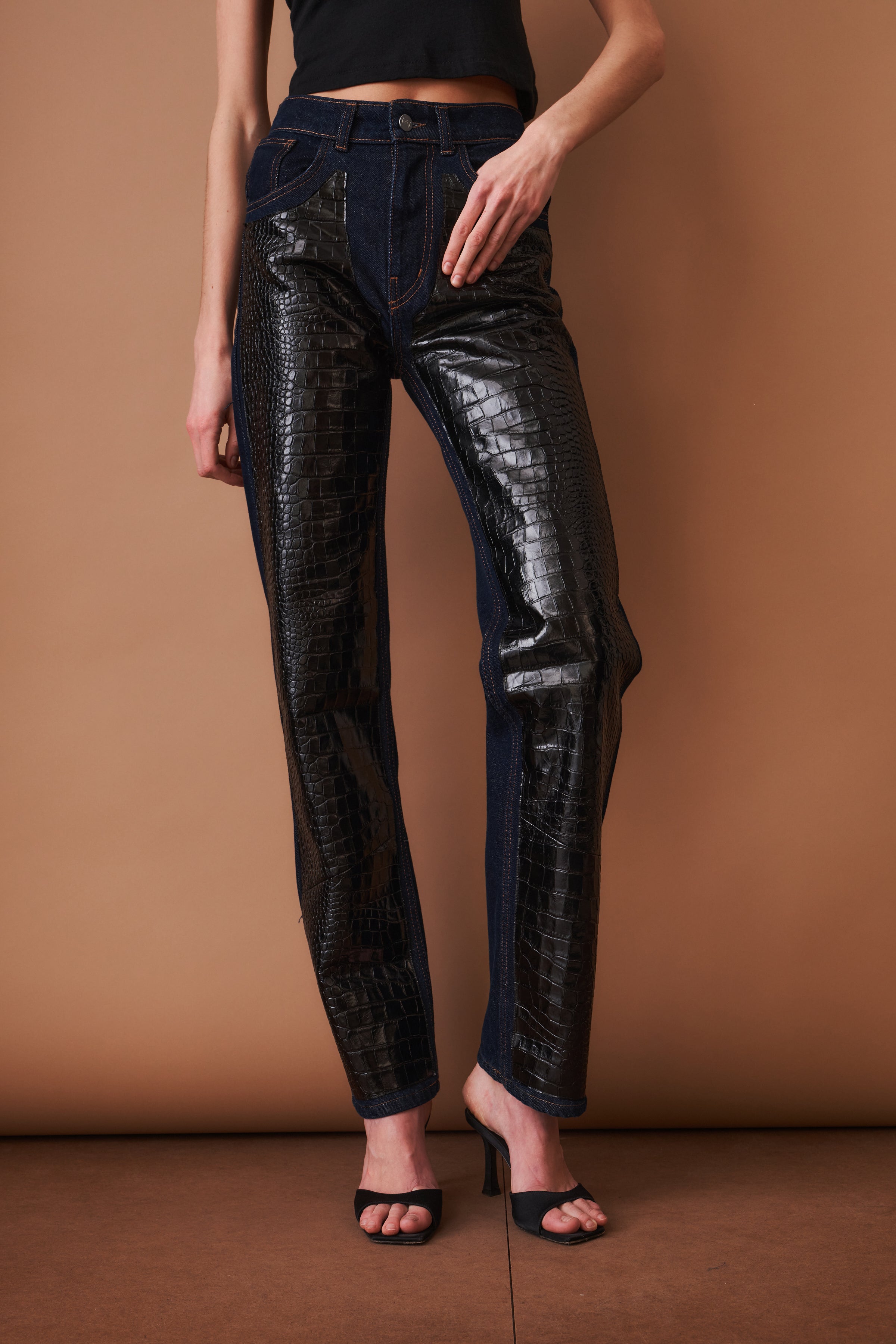 Leather-Trim Denim Pants