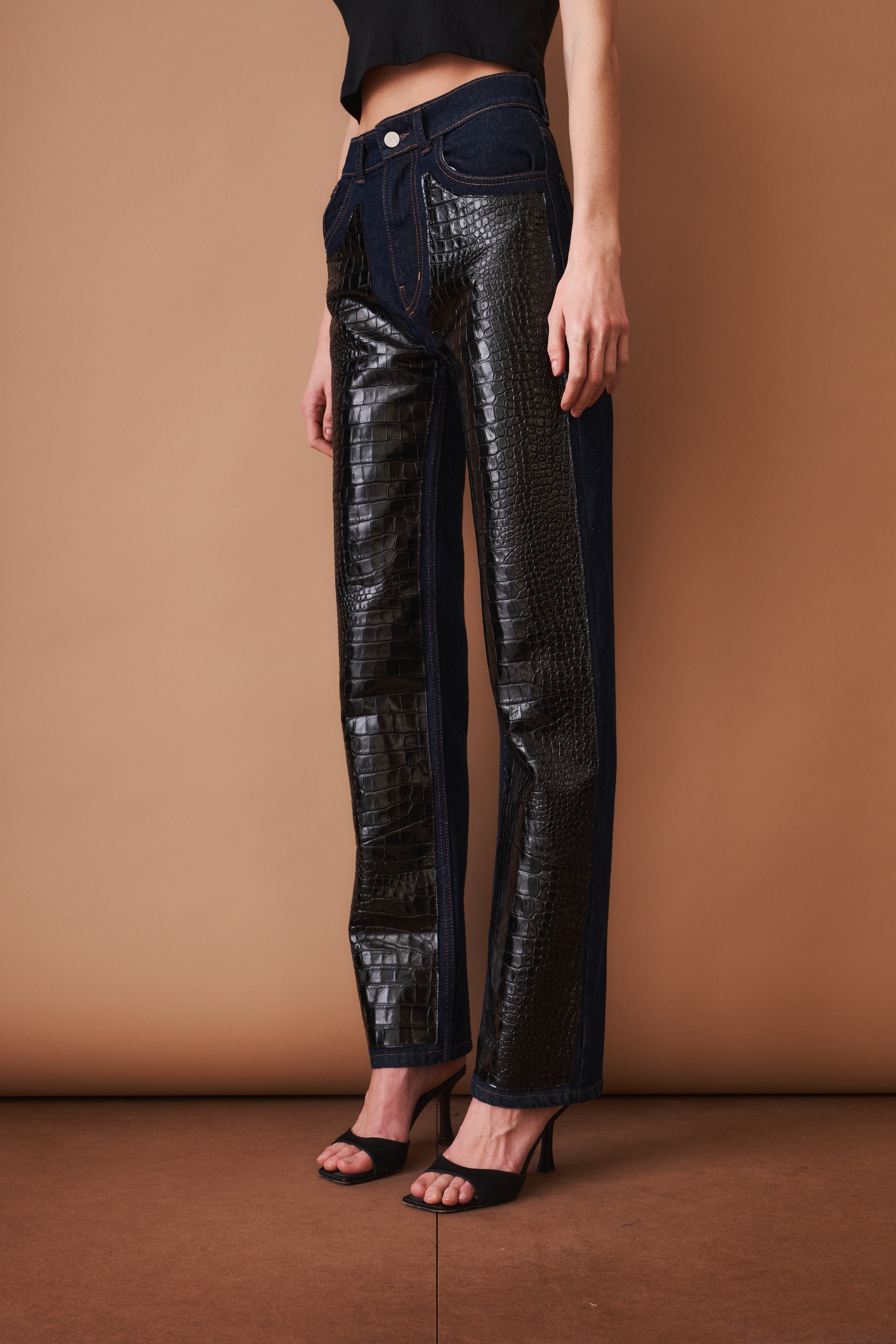 Leather-Trim Denim Pants