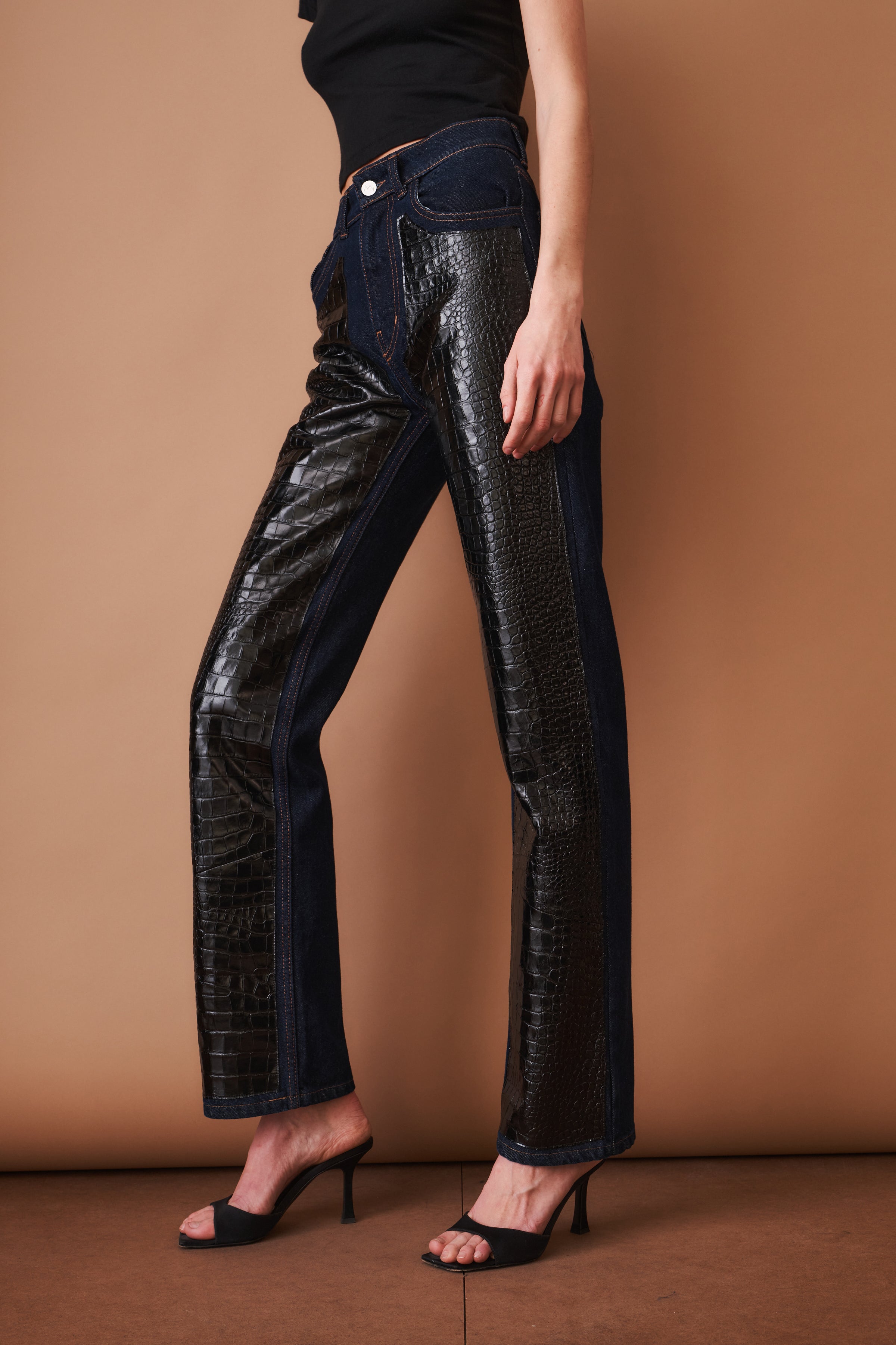 Leather-Trim Denim Pants