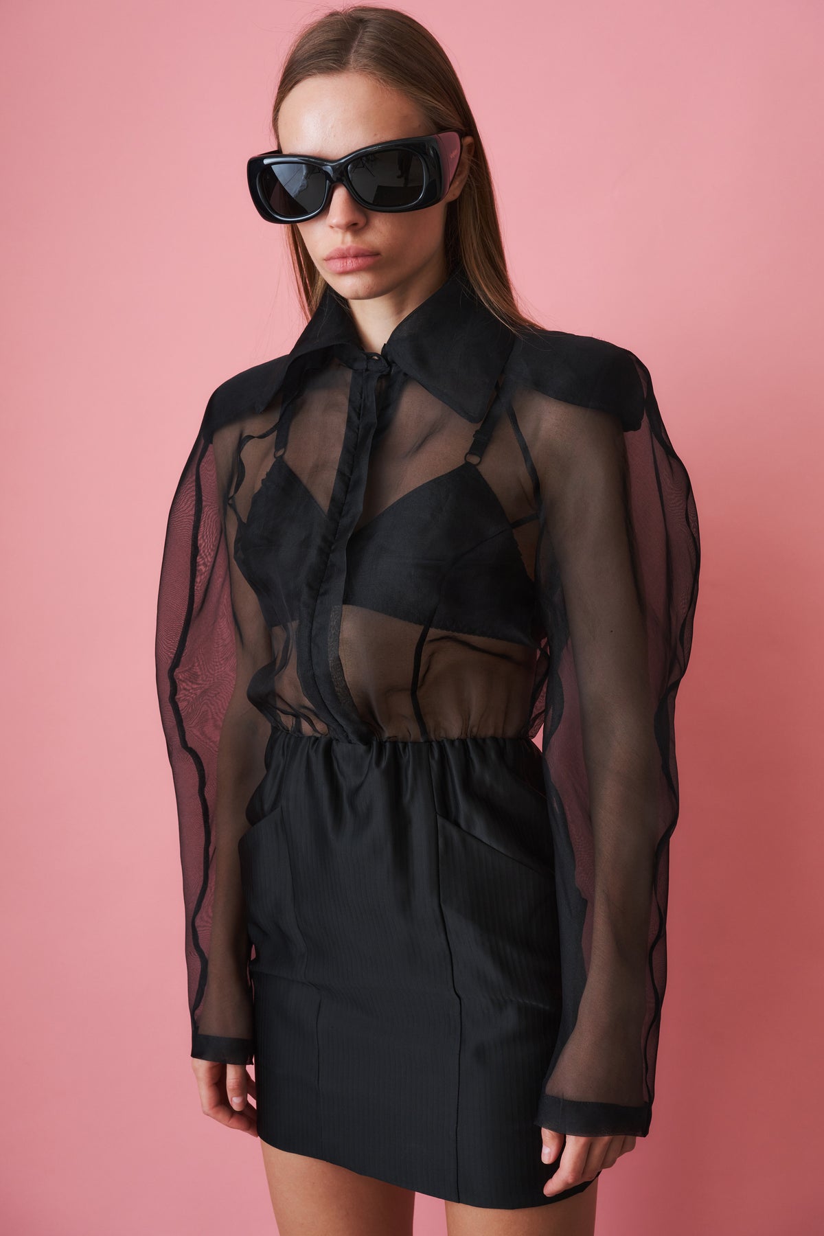 Organdin Transparent Mini Dress Black