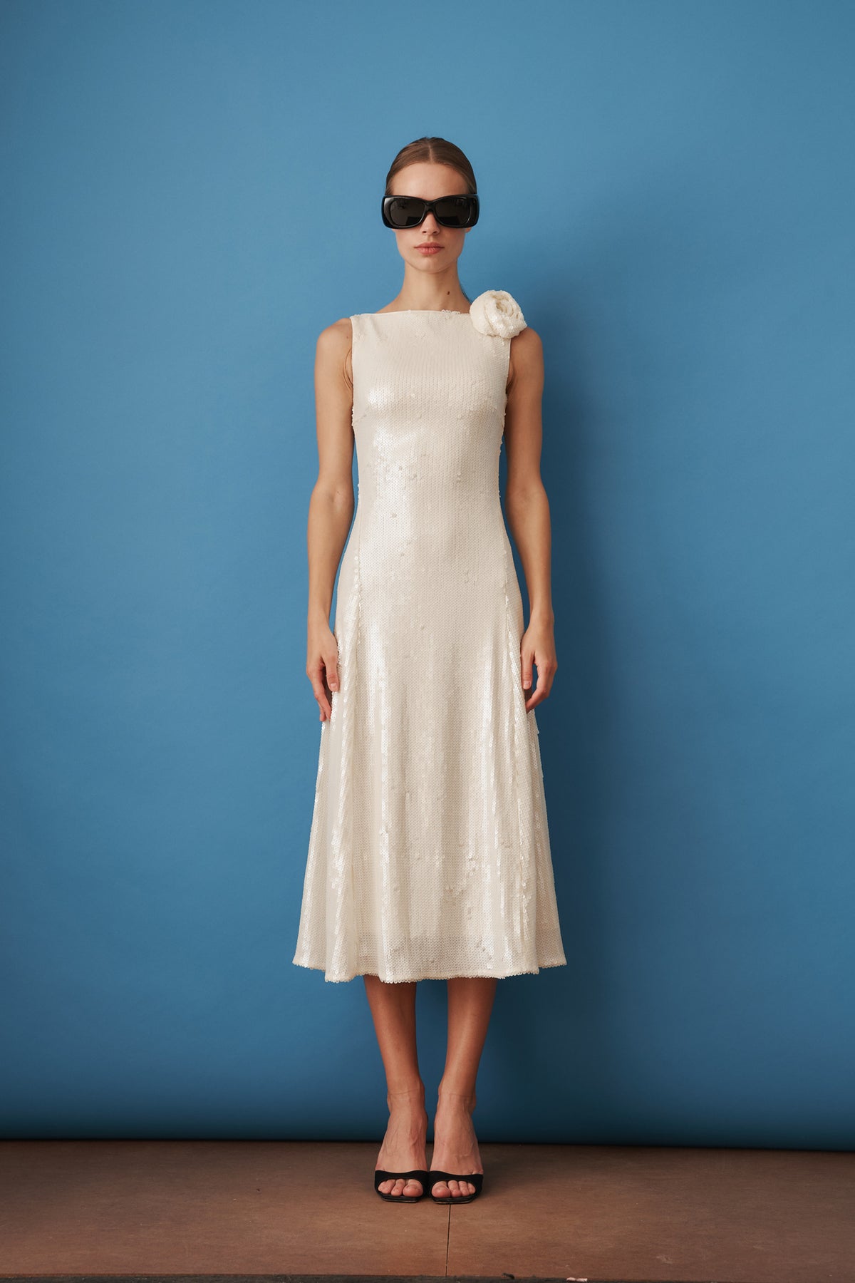 Sequins Midi Flared Dress White