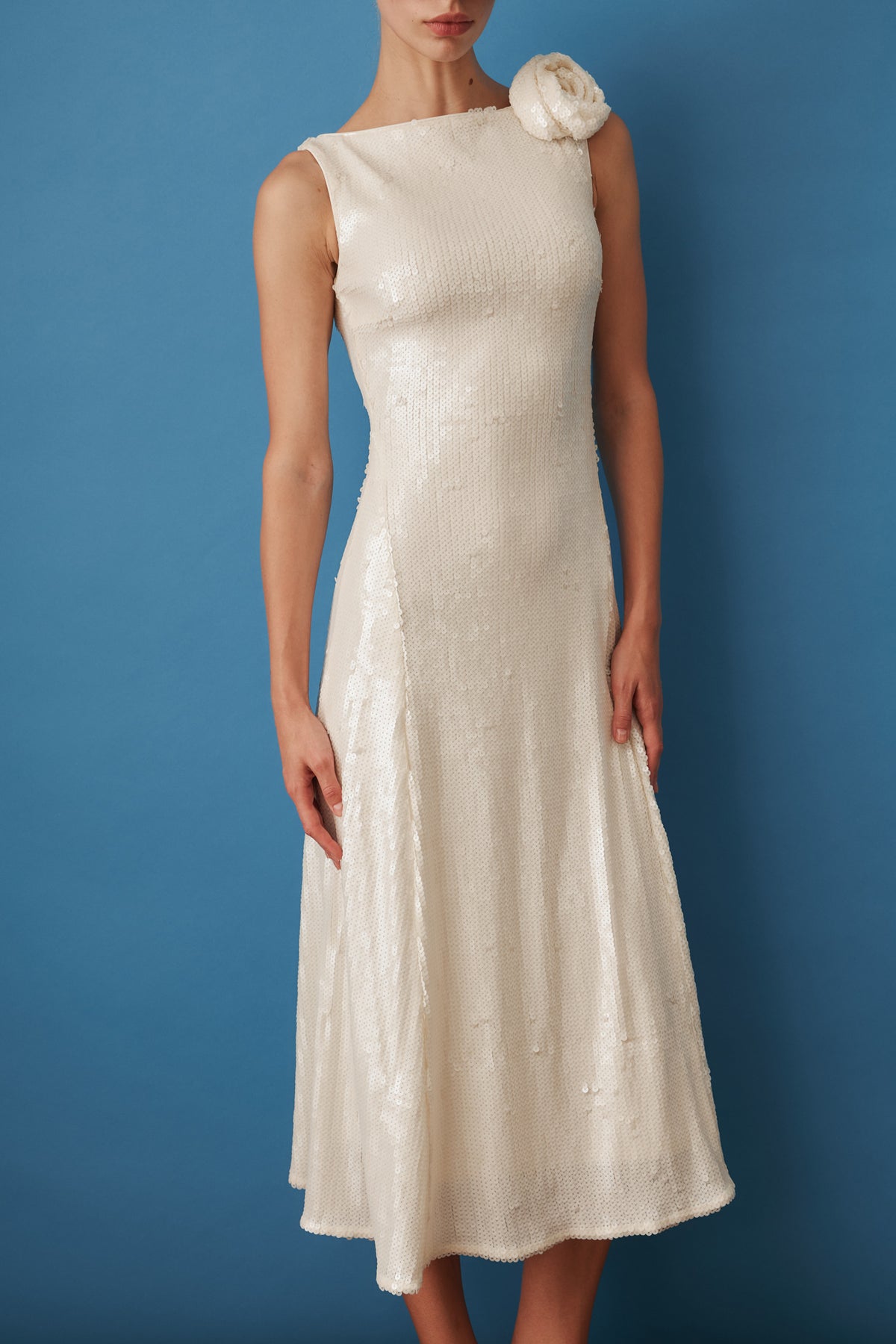 Sequins Midi Flared Dress White