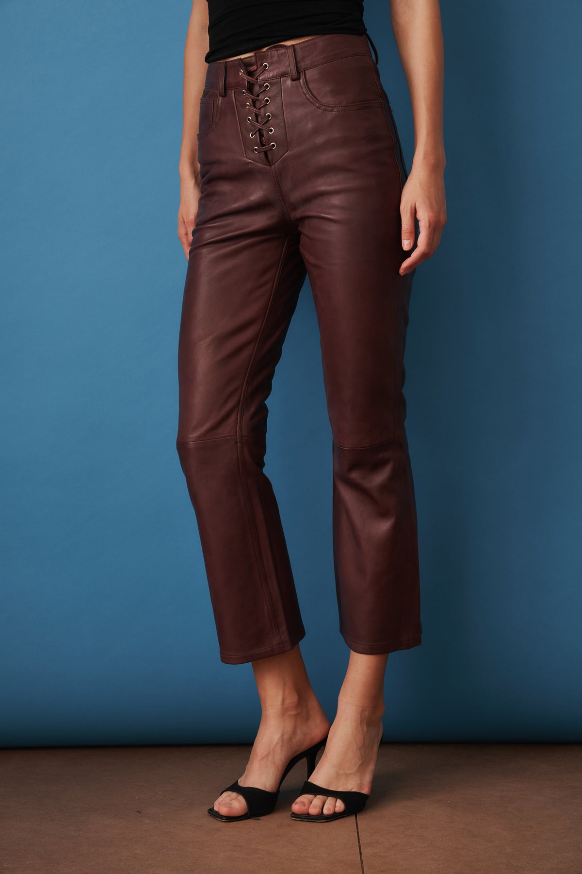Flared Leather Capri Pants Mahogany