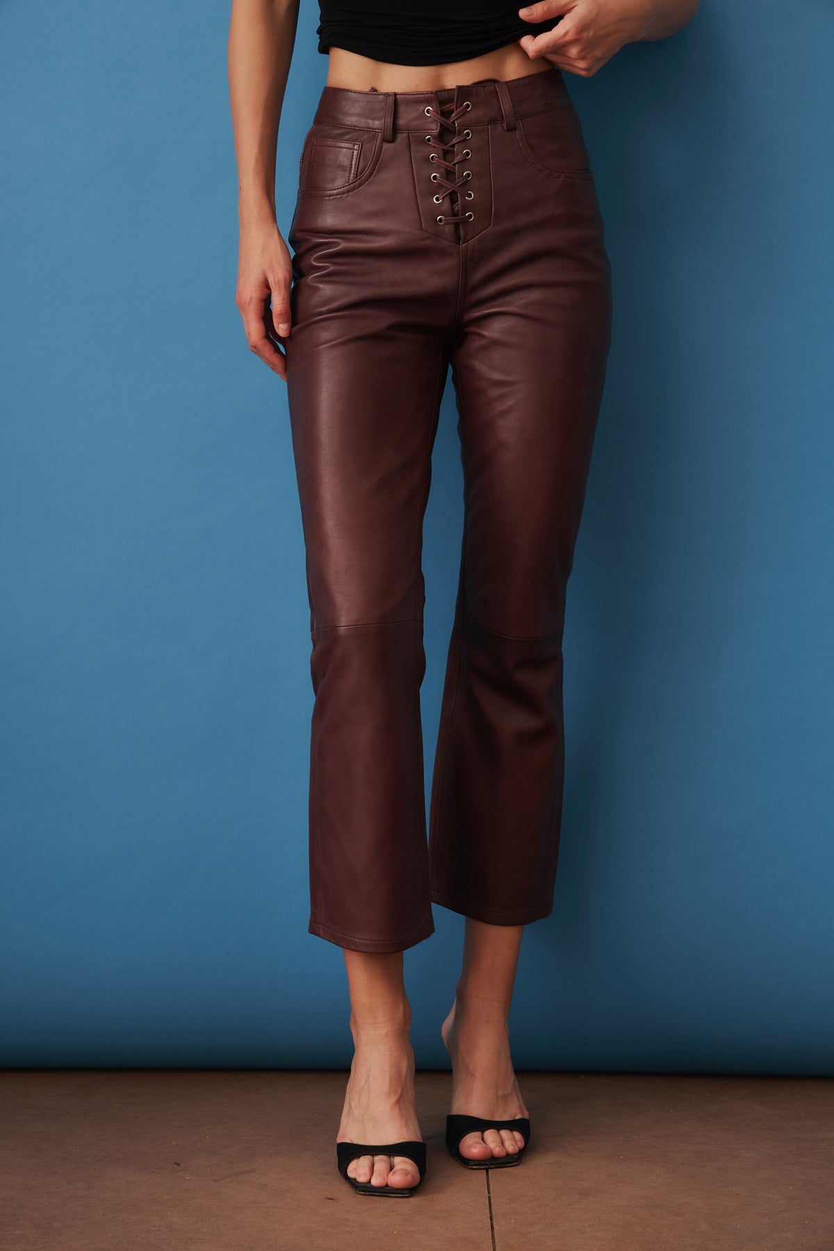Flared Leather Capri Pants Mahogany