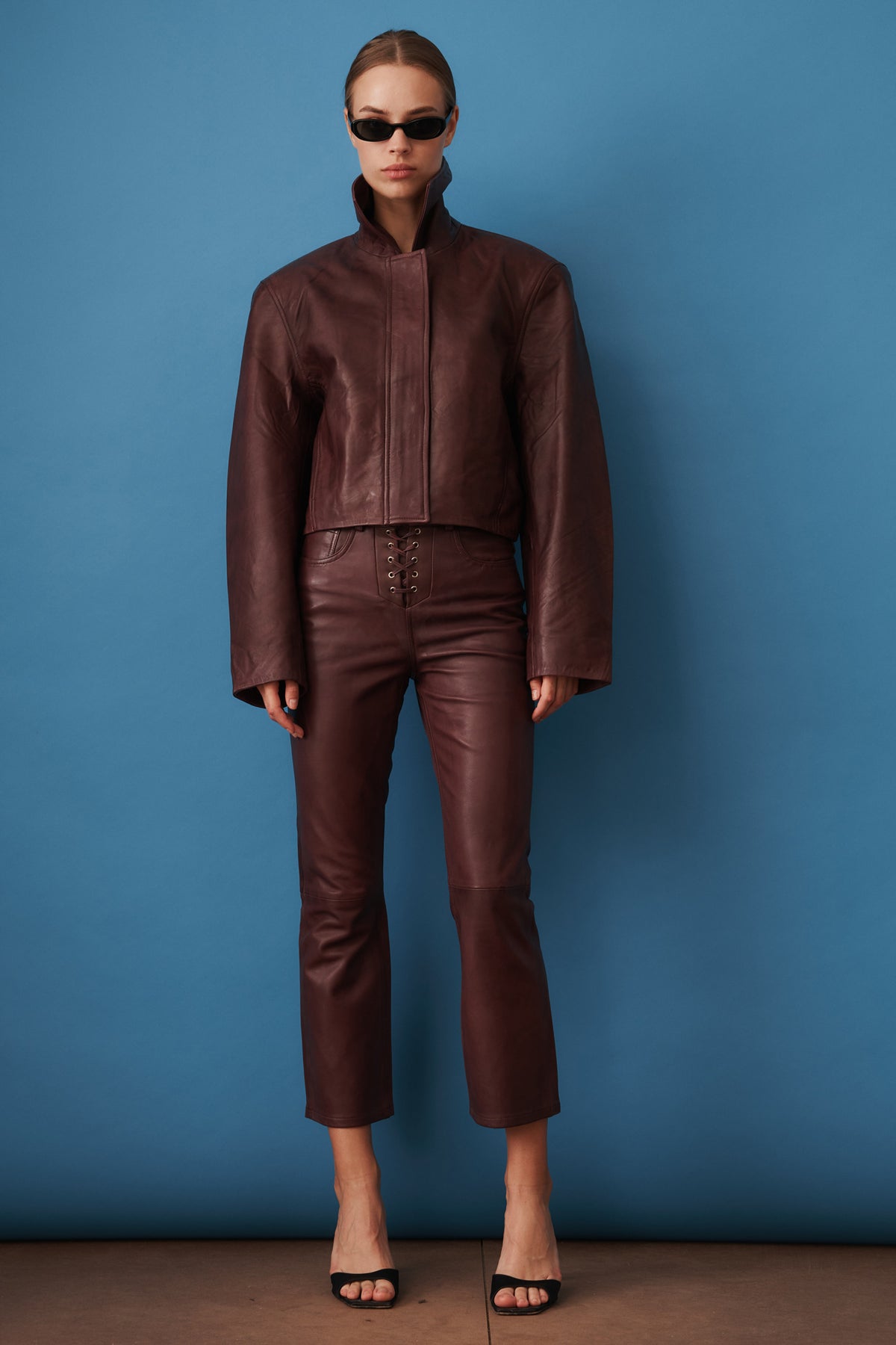 Boxy Square Leather Jacket Mahogany