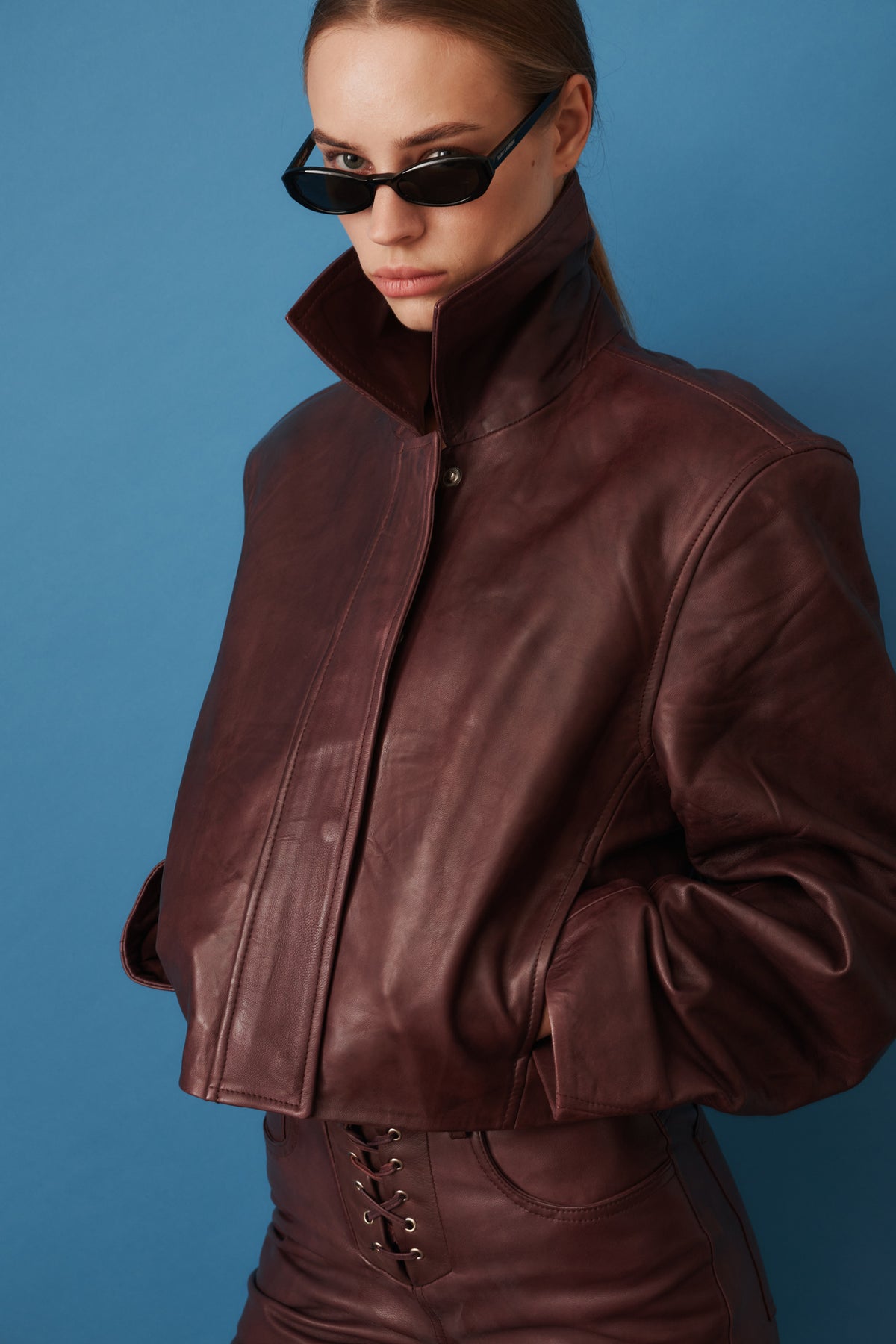 Boxy Square Leather Jacket Mahogany