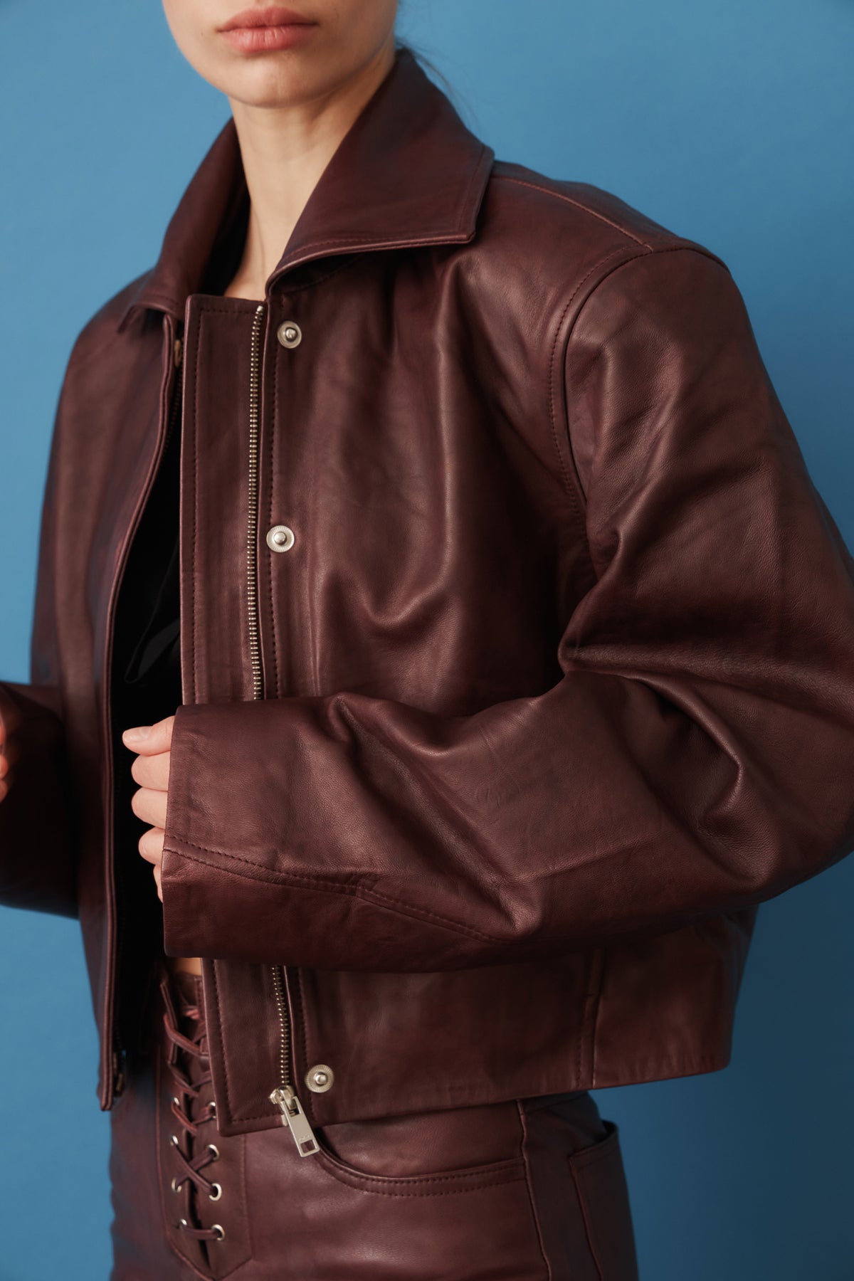 Boxy Square Leather Jacket Mahogany - DÉSORDRE