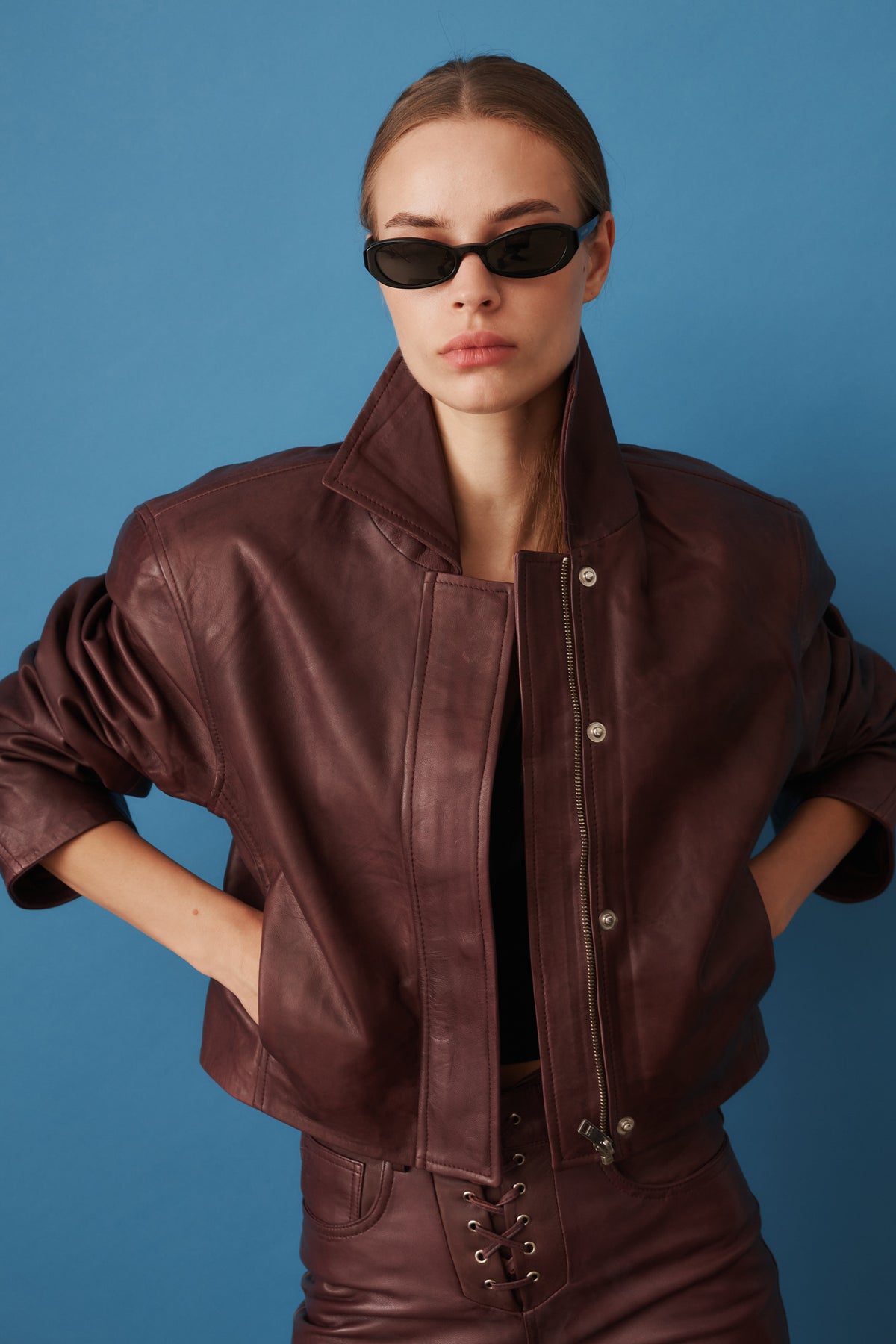 Boxy Square Leather Jacket Mahogany - DÉSORDRE