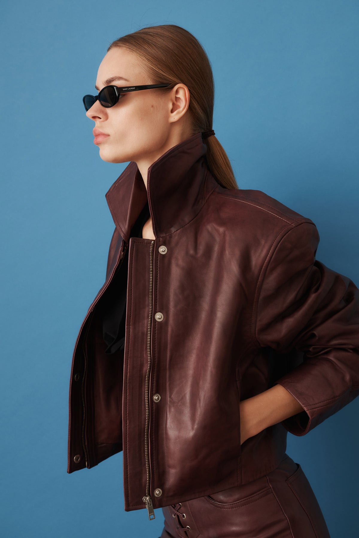 Boxy Square Leather Jacket Mahogany - DÉSORDRE