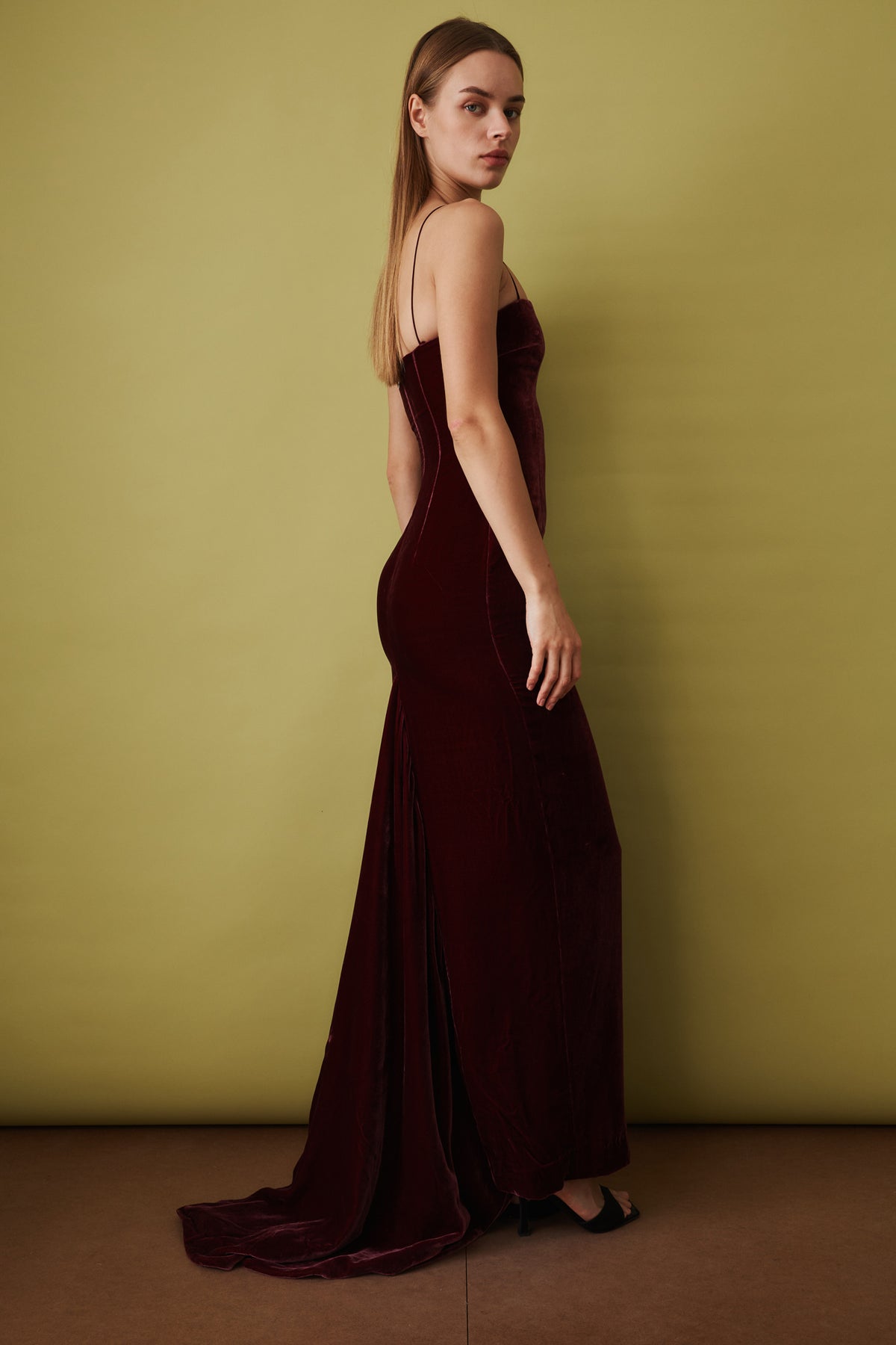 Silk Velvet Strap Dress Dark Red