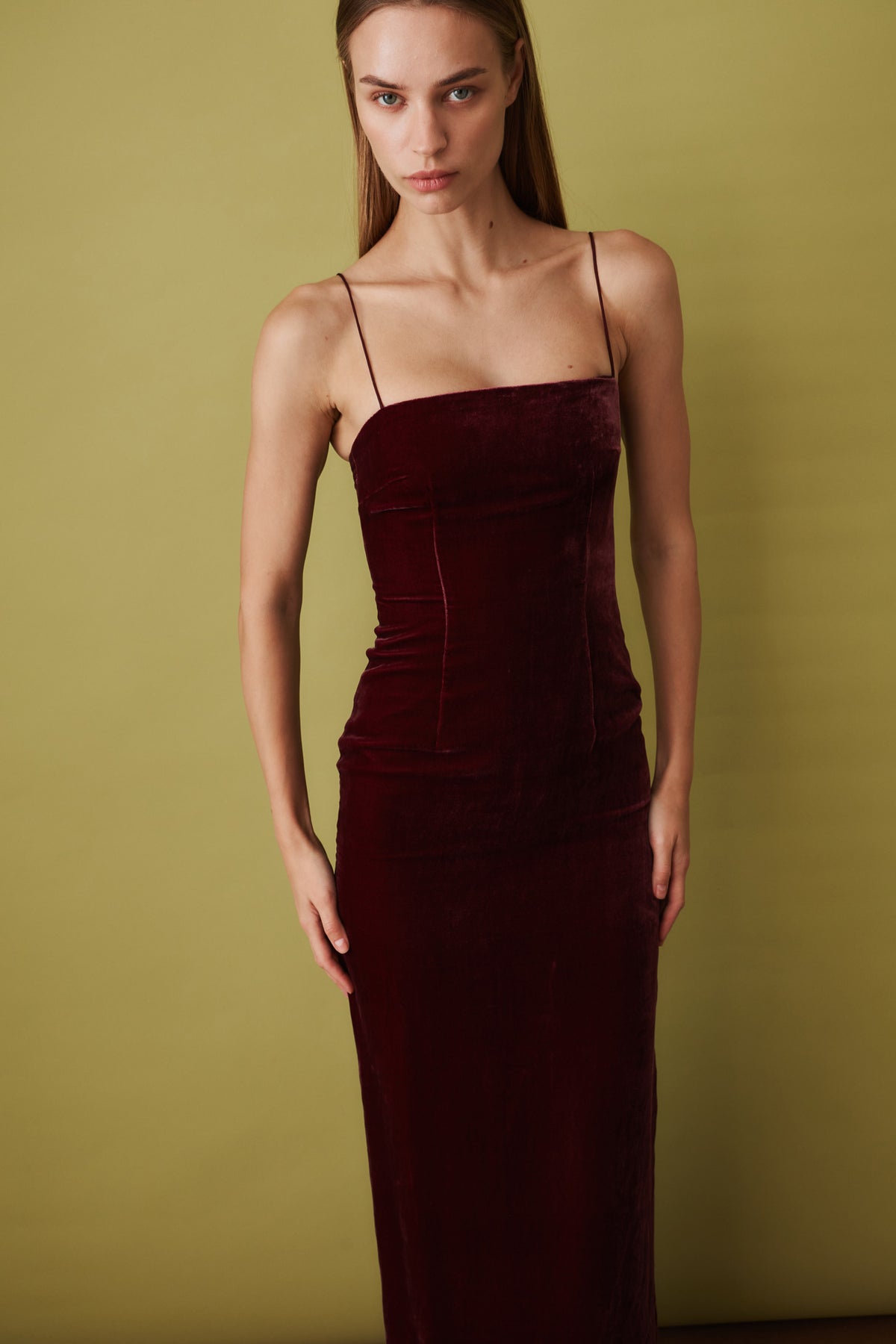 Silk Velvet Strap Dress Dark Red