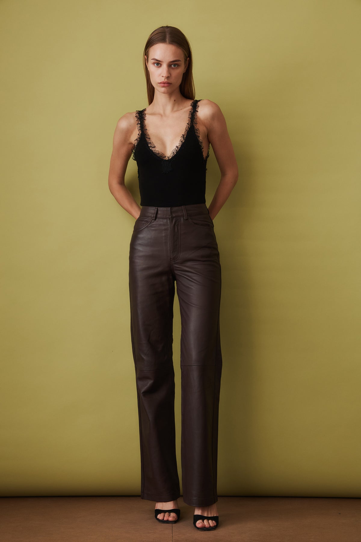 Straight Leather Pants Dark Brown