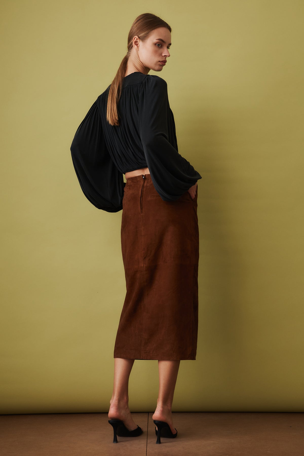 Suede Midi Pencil Skirt Dark Brown