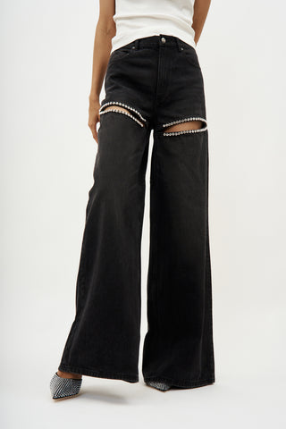 Wide Leg Crystal Slit Black Jean