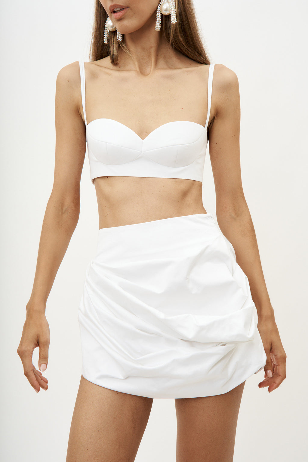 Draped Cotton White Mini Skirt