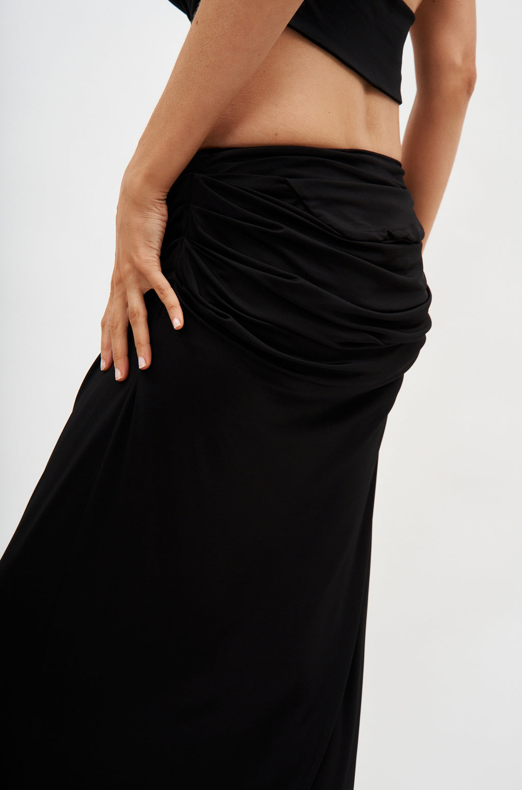 Draped Low Waist Black Midi Skirt