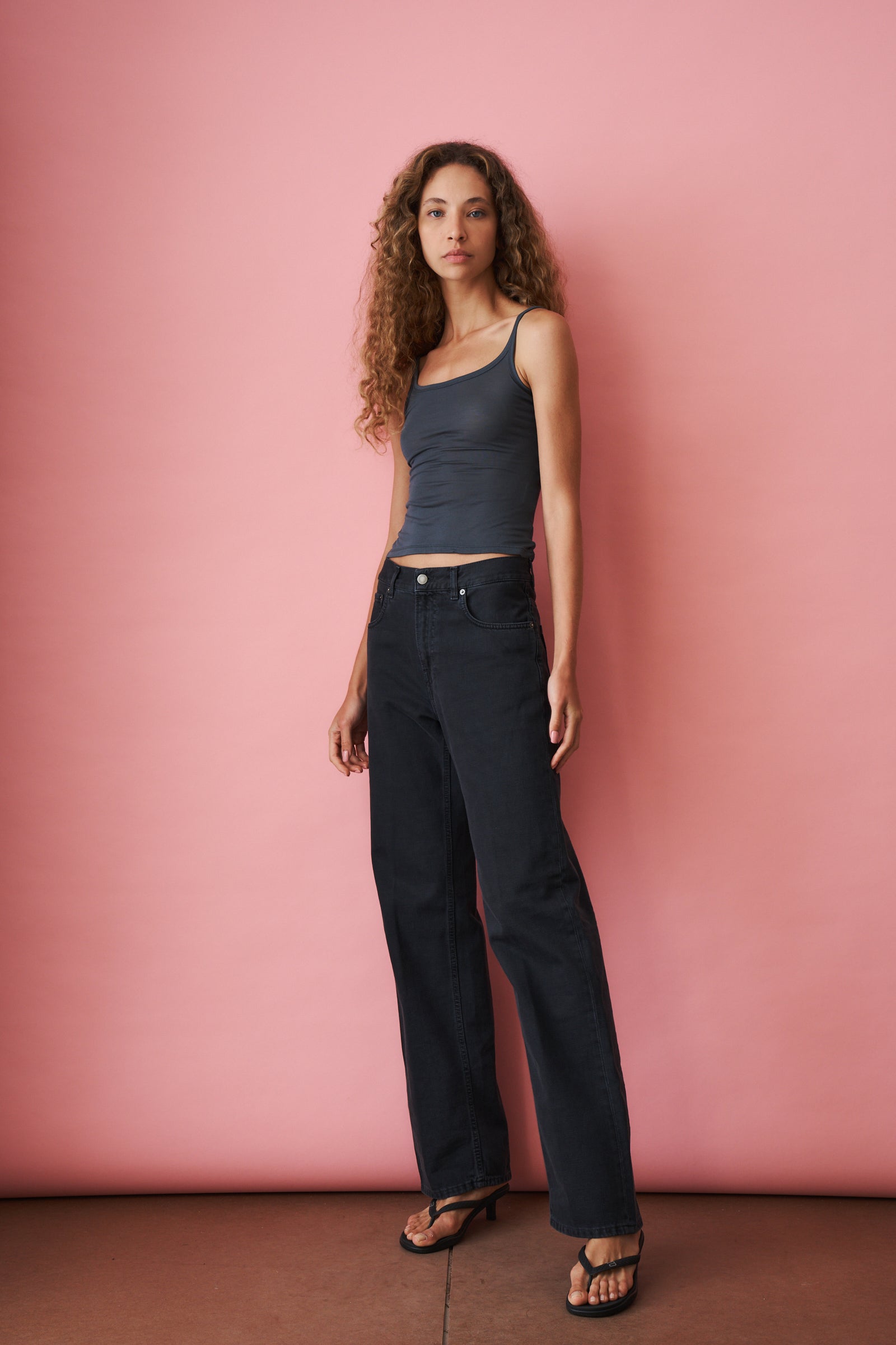 Blue scoop neck tank top by AYA MUSE, lightweight cotton fabric, fitted style, shown on a model.