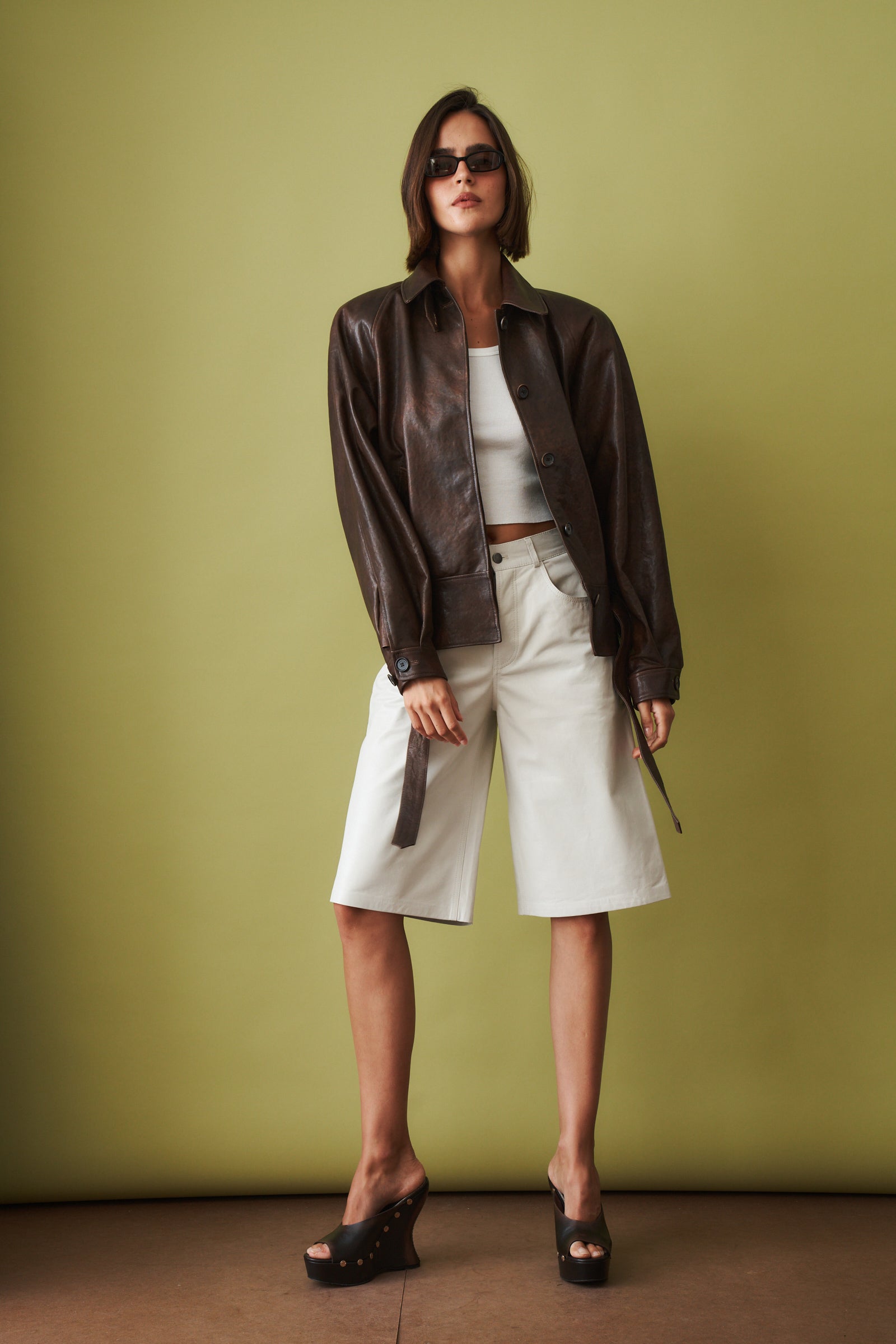 Belted Leather Jacket in Vintage Brown - DÉSORDRE